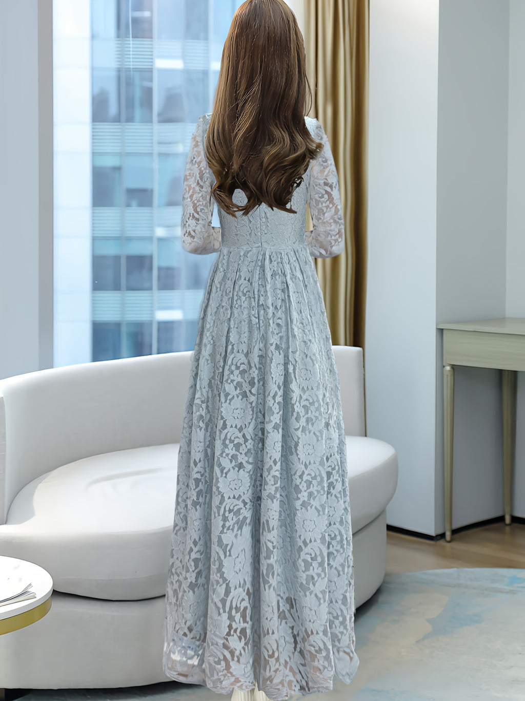 Women's Elegant Lace Panel V-Neck Dress with Zipper Back, Slim-Fit Bodice & Flowy Skirt