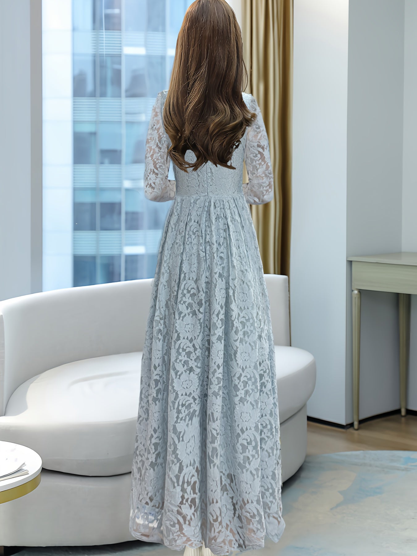 Women's Elegant Lace Panel V-Neck Dress with Zipper Back, Slim-Fit Bodice & Flowy Skirt