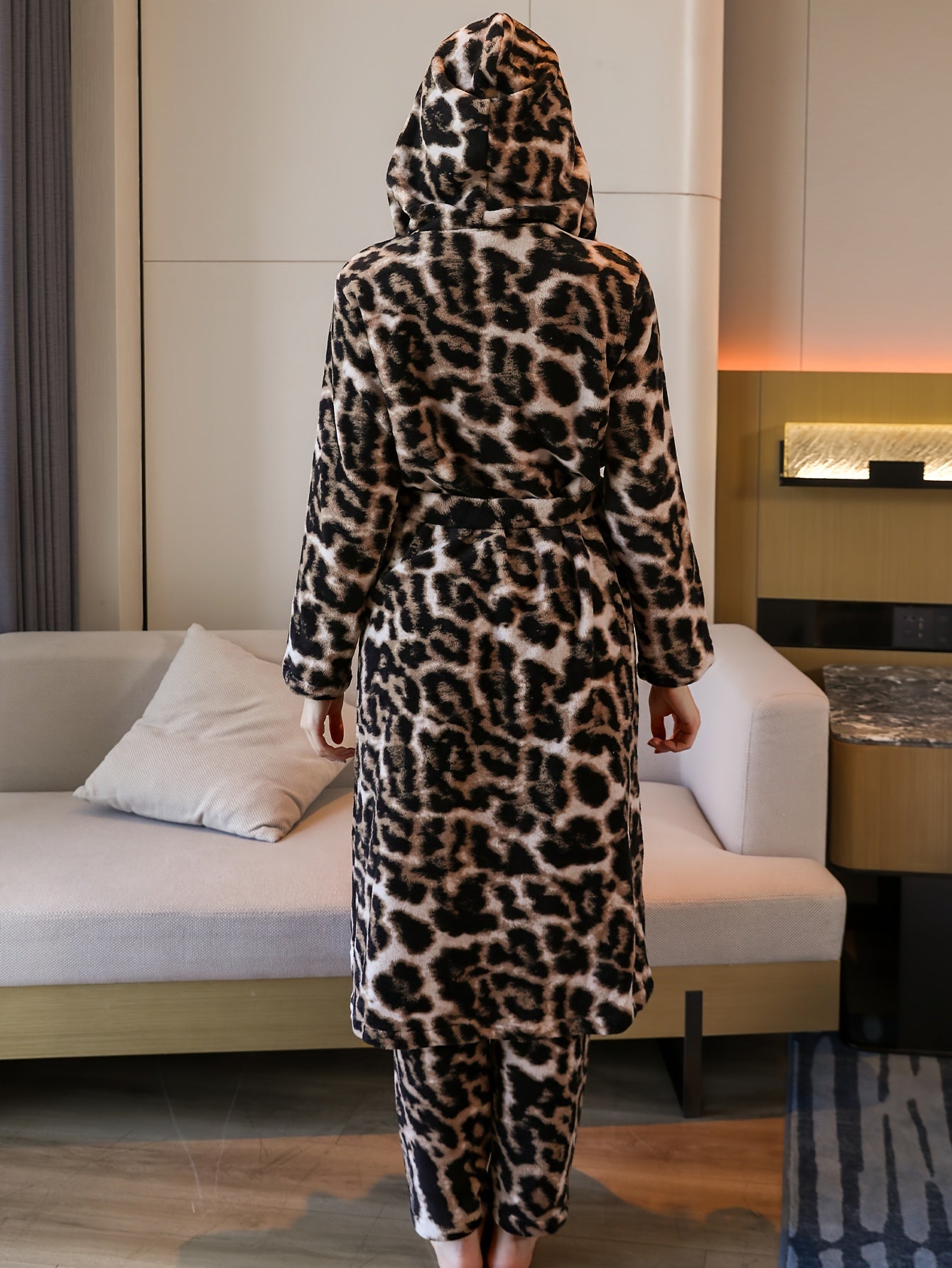 Women's Leopard Print Flannel Pajama Set with Hooded Robe and Long Sleeve Pants