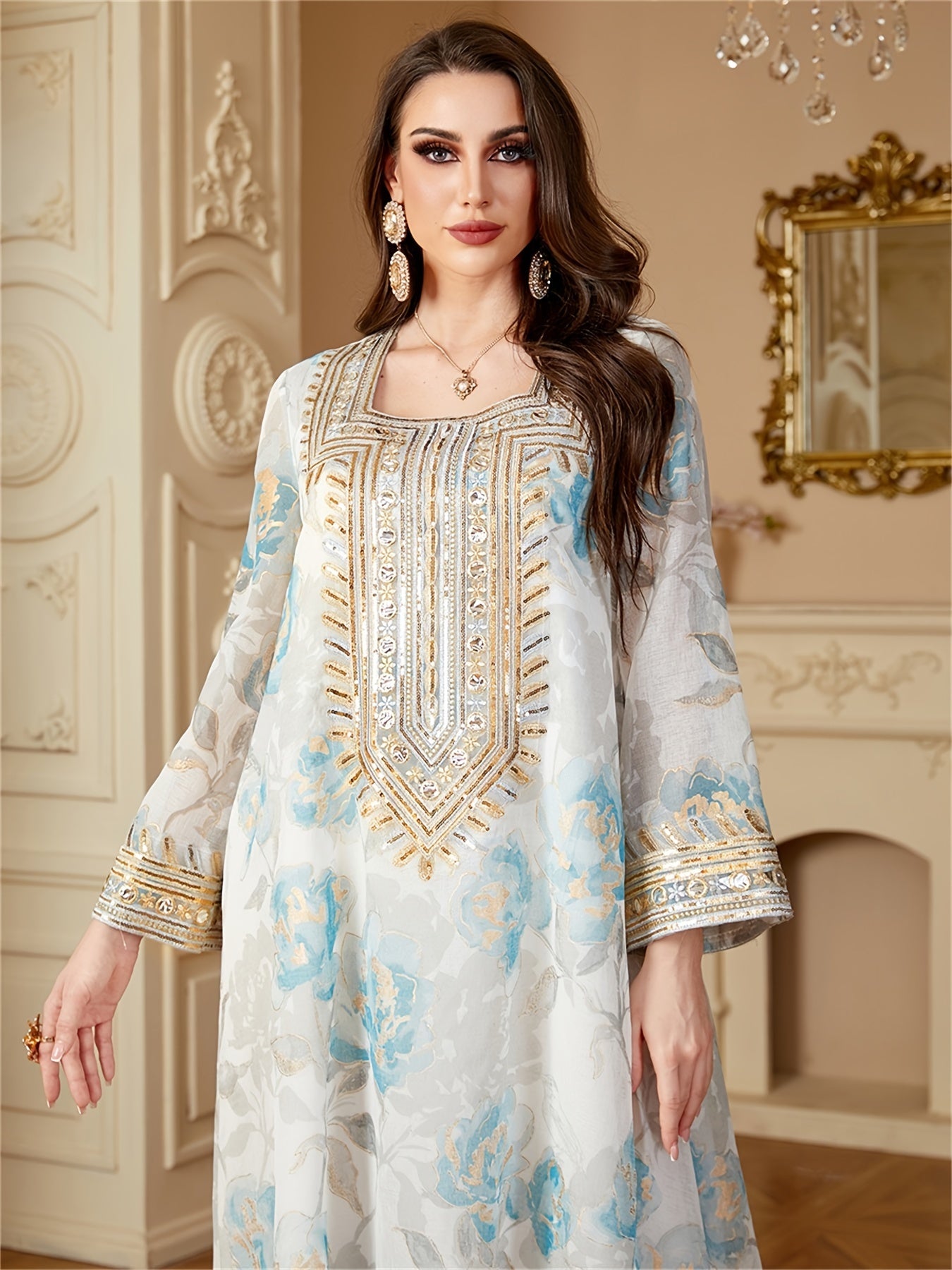 Floral Print Abaya Sequins Patchwork Loose Kaftan Elegant Dresses