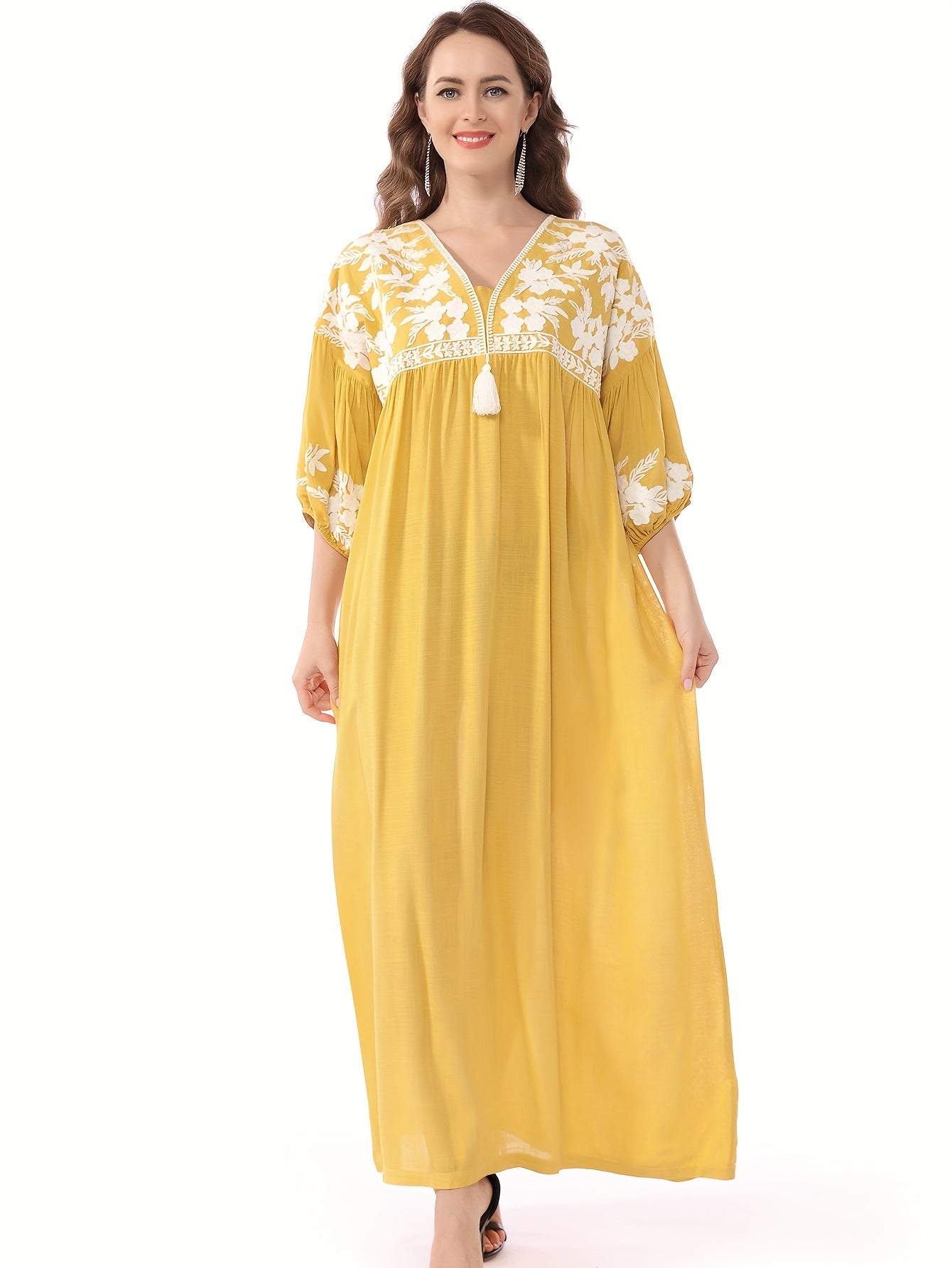 Women's White Floral Embroidery - Loose Fit, V-Neck, Half Sleeve, Non-Stretch Fabric