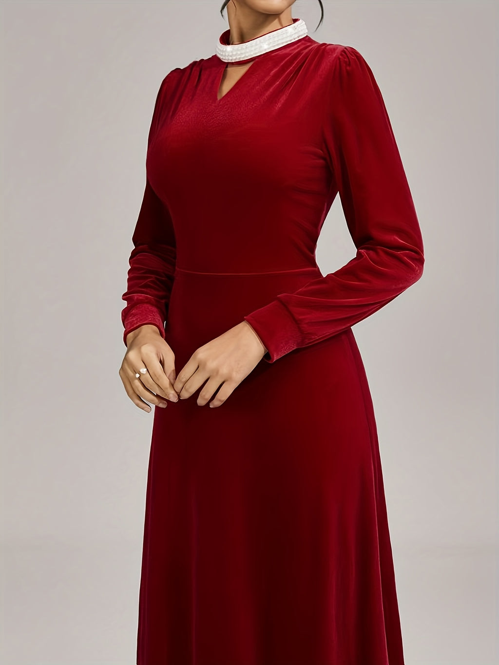 Women's Elegant Burgundy Velvet Long Sleeve A-Line Evening Gown with Adjustable Waist for ChristmasLuxury Wedding Guest Attire