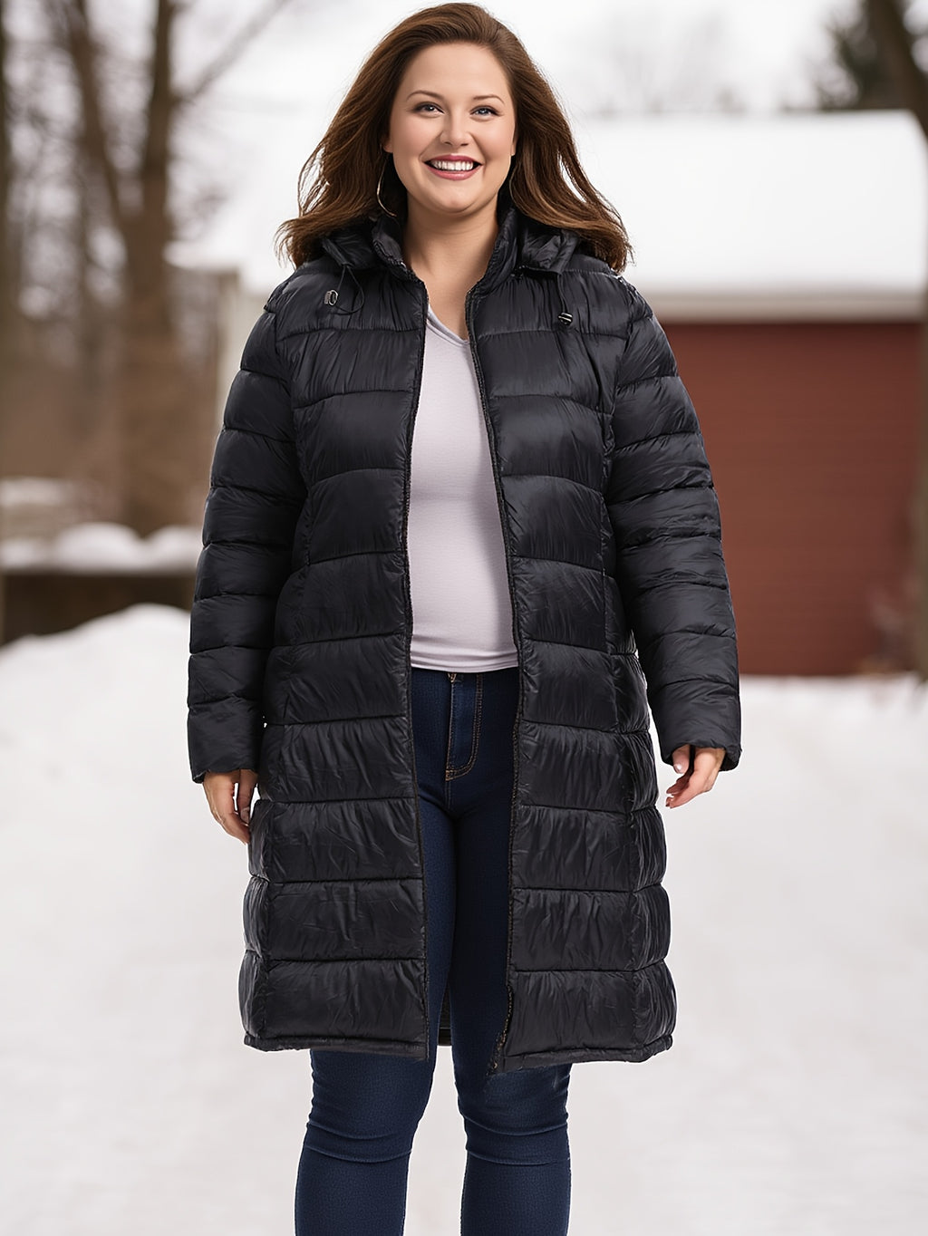 Plus Size Women's Elegant Burgundy Winter Coat with Hood - Long Jacket, Zippered Pockets & Detachable
