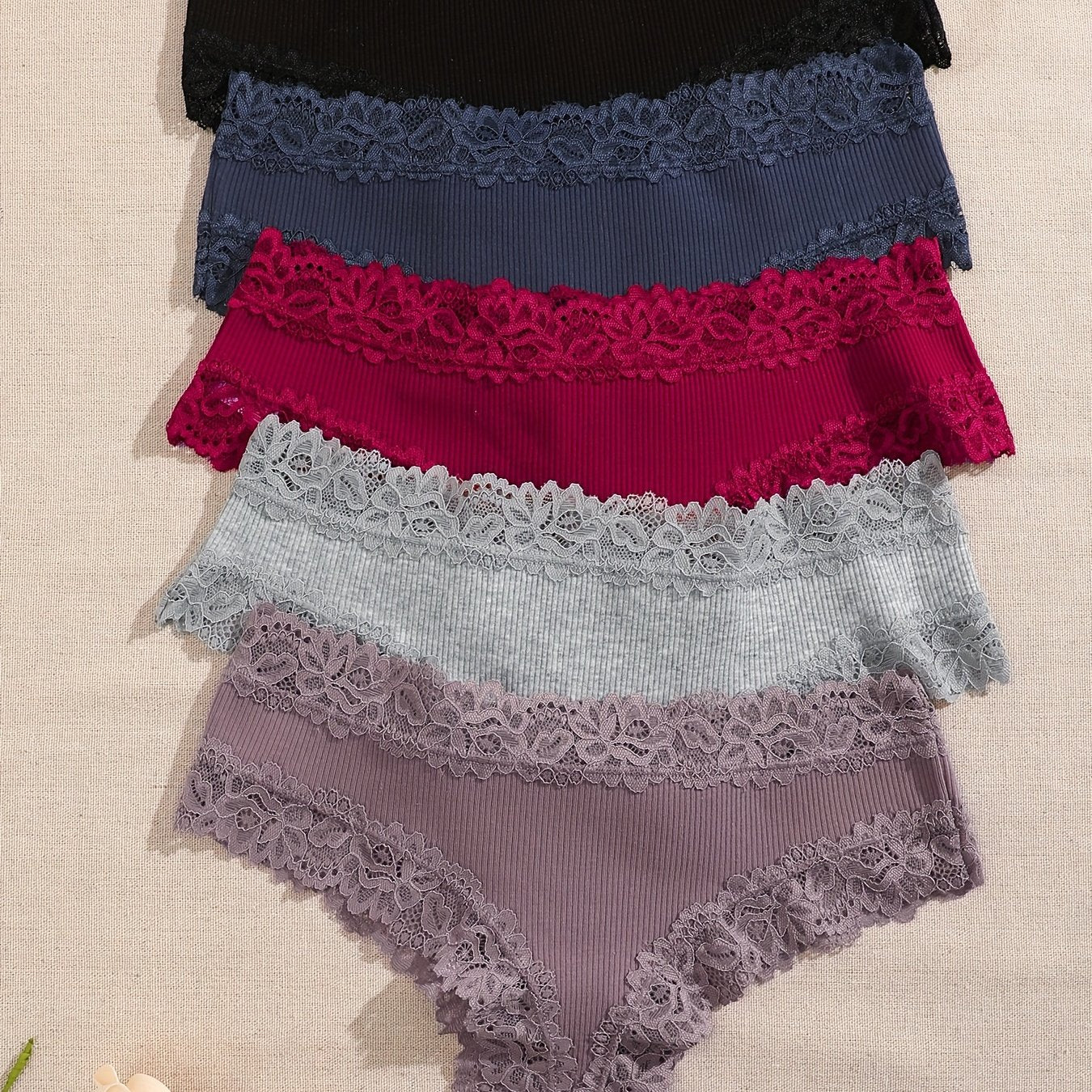 5pcs Solid Lace Trim Briefs, Comfy & Breathable Intimate Panties, Women's Lingerie & Underwear
