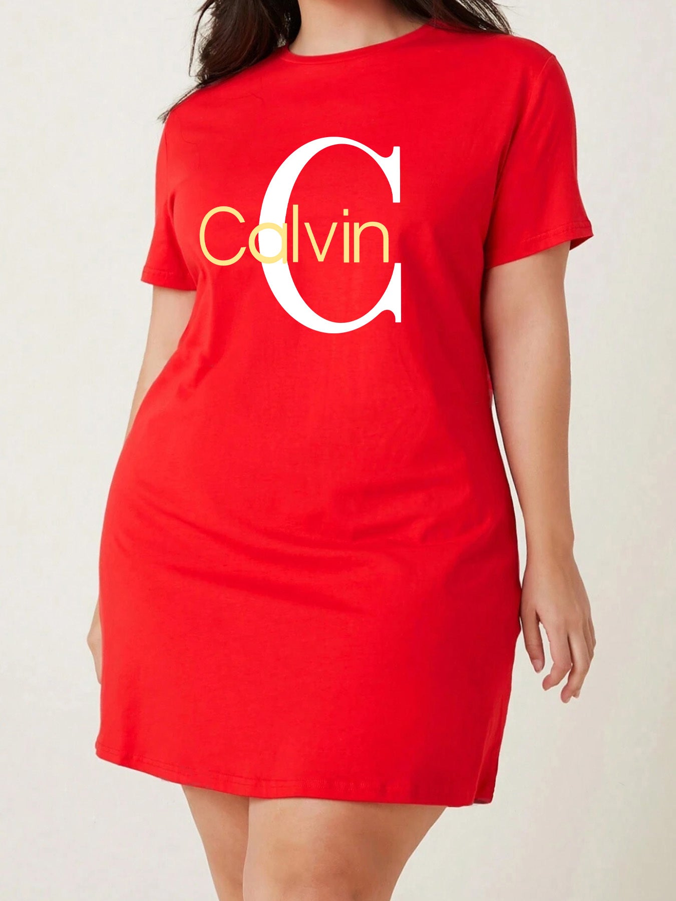 Calvin Women's Stretchy Breathable Polyester T-Shirt Dress - Slim Fit Knee-Length Round Neck Casual Summer Dress with Bold Yellow Lettering, Machine Washable Spring/Summer Outfit