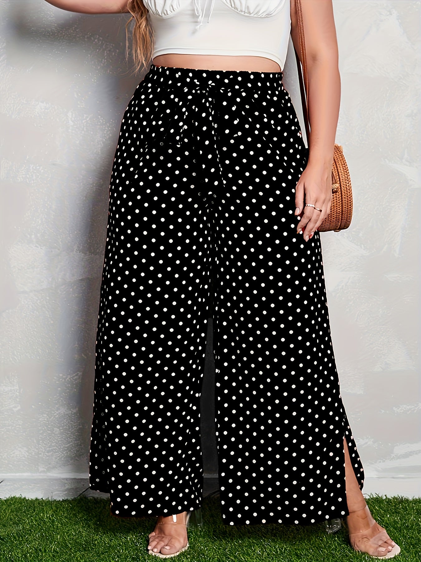 Women's Plus Size Black Polka Dot Wide Leg Pants