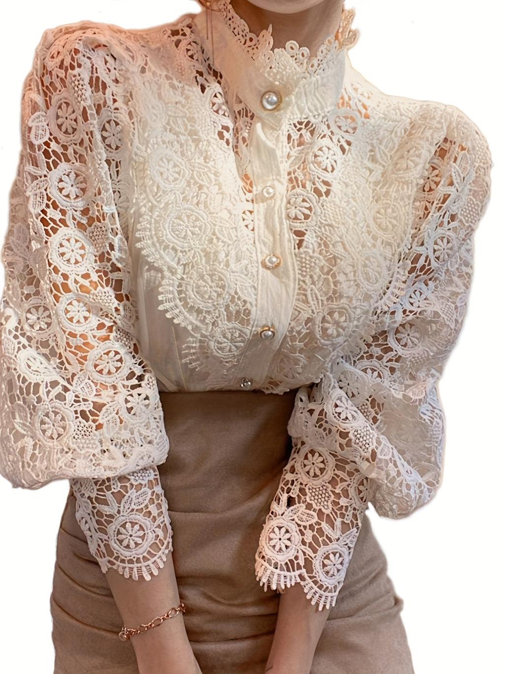 Elegant Women's Pleated Blouse with Sheer Lace