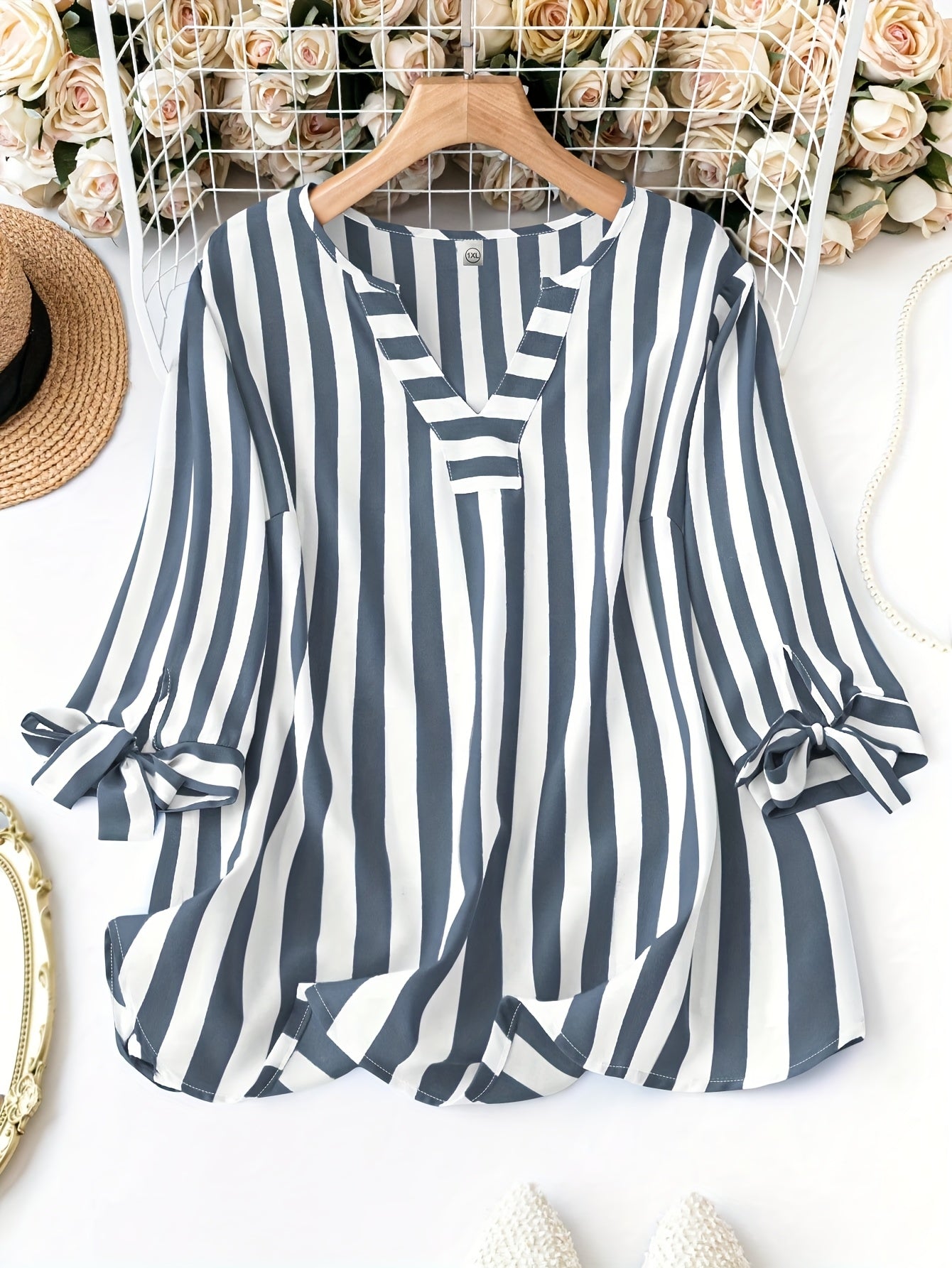 Elegant Notched Necktie Cuff Top for Women's Plus Size