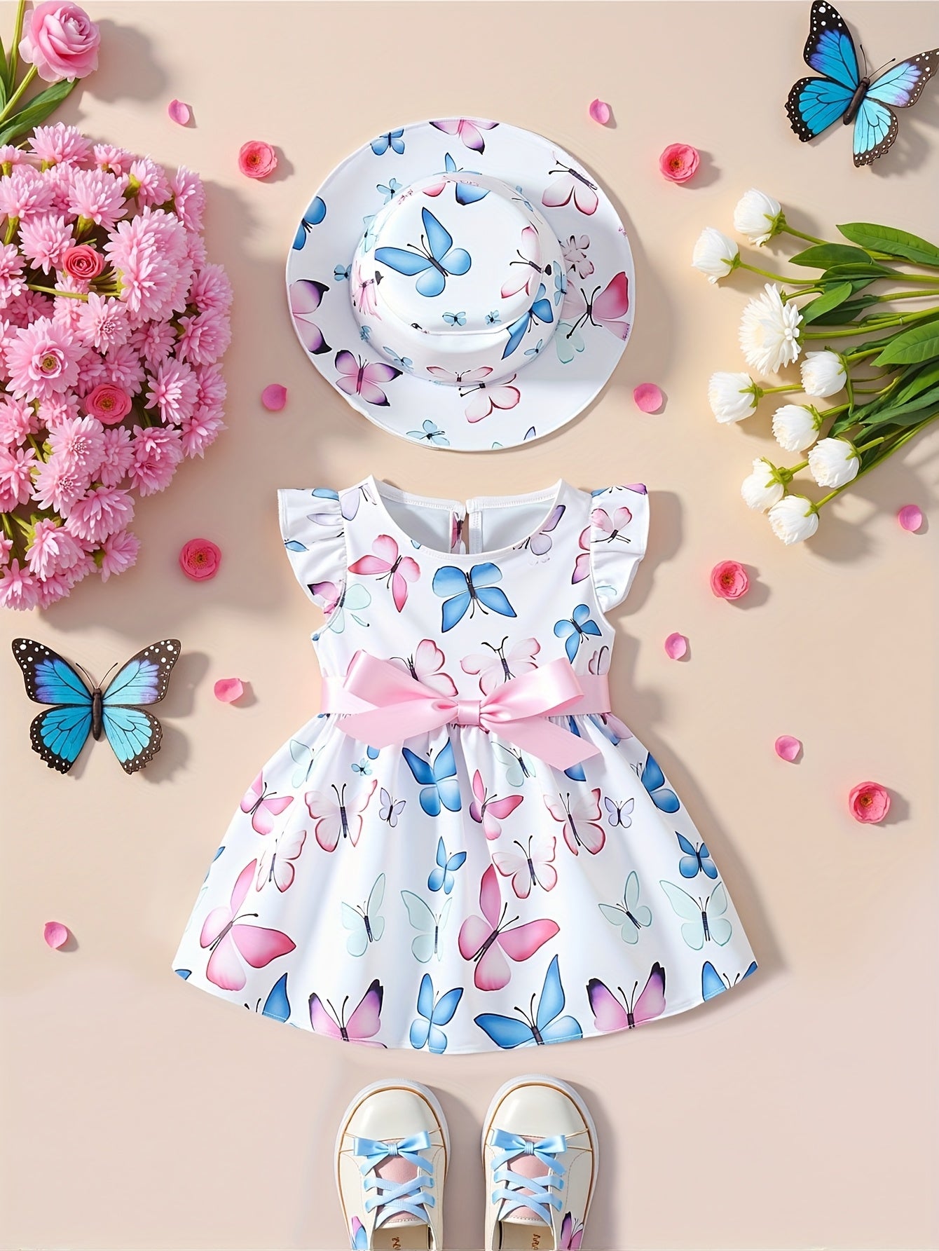 Fantasy Butterfly Sweet Princess Print Dress with Hat Set