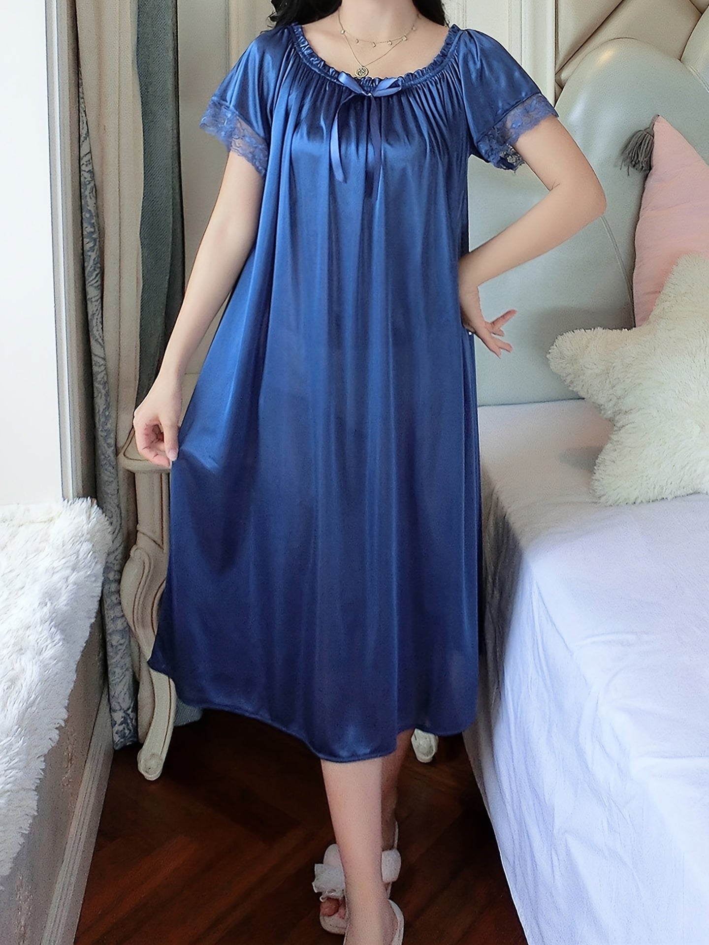 Elegant Off the Shoulder Short Sleeve Night Dress, Polyester Solid Color Slight Stretch Pullover for Adult Women, Spring/Summer Sleepwear