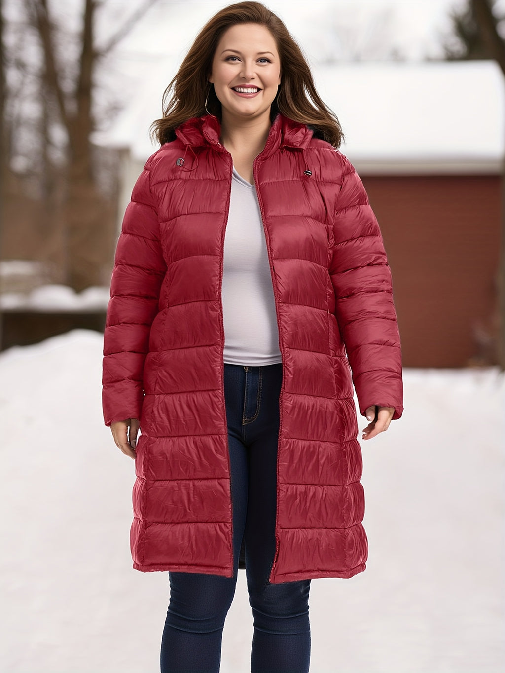 Plus Size Women's Elegant Burgundy Winter Coat with Hood - Long Jacket, Zippered Pockets & Detachable