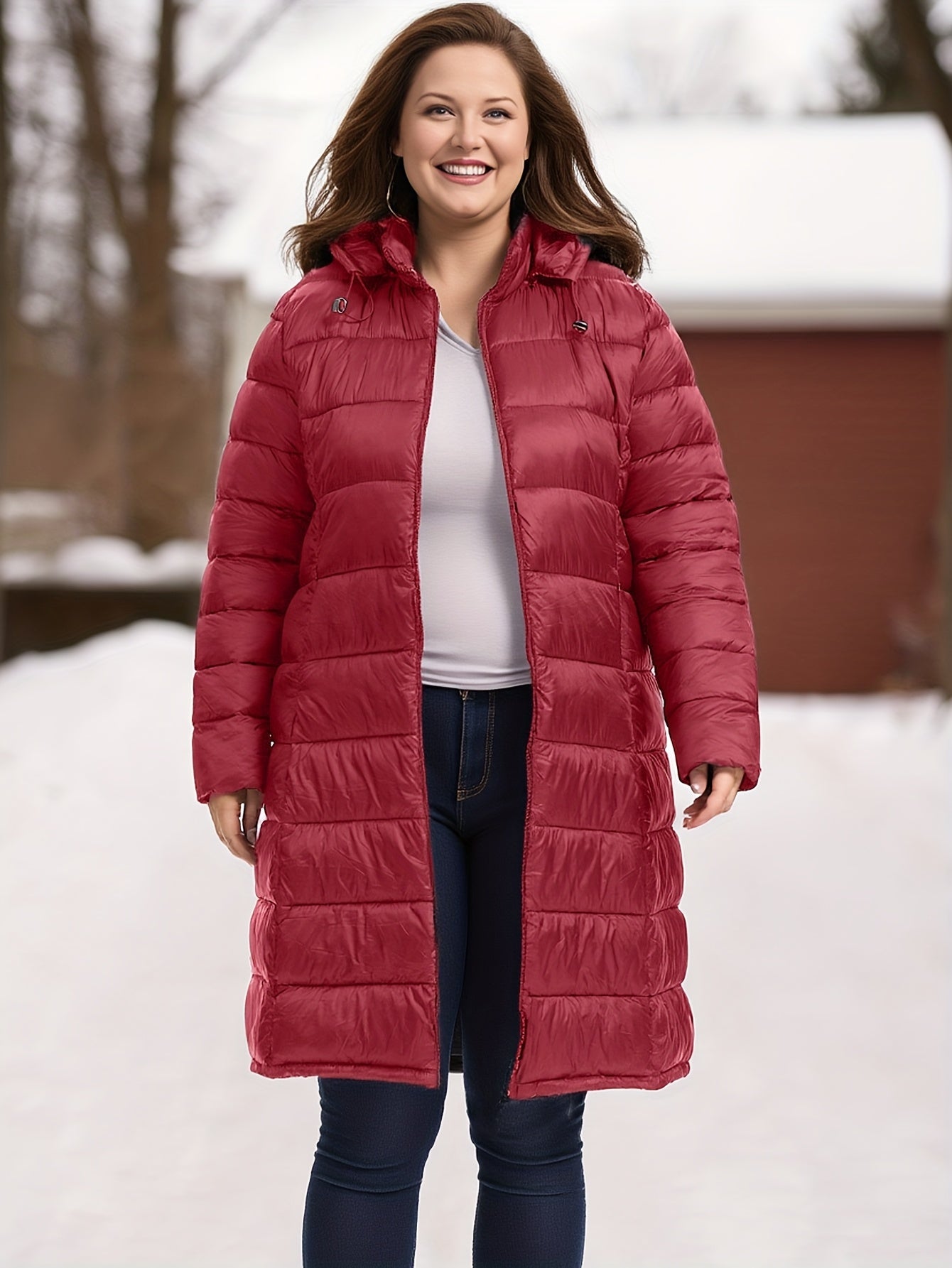 Plus Size Women's Elegant Burgundy Winter Coat with Hood - Long Jacket, Zippered Pockets & Detachable