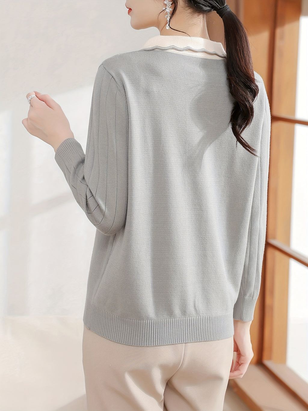 Women'S Elegant V-Neck Sweater - Lightweight Breathable Long Sleeve Blouse with Classic Collar