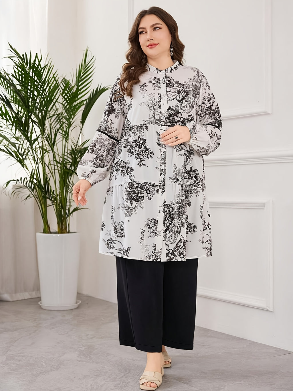 Plus Size 2pcs Set, Fashion Women's Floral Print Shirt Cardigan Top