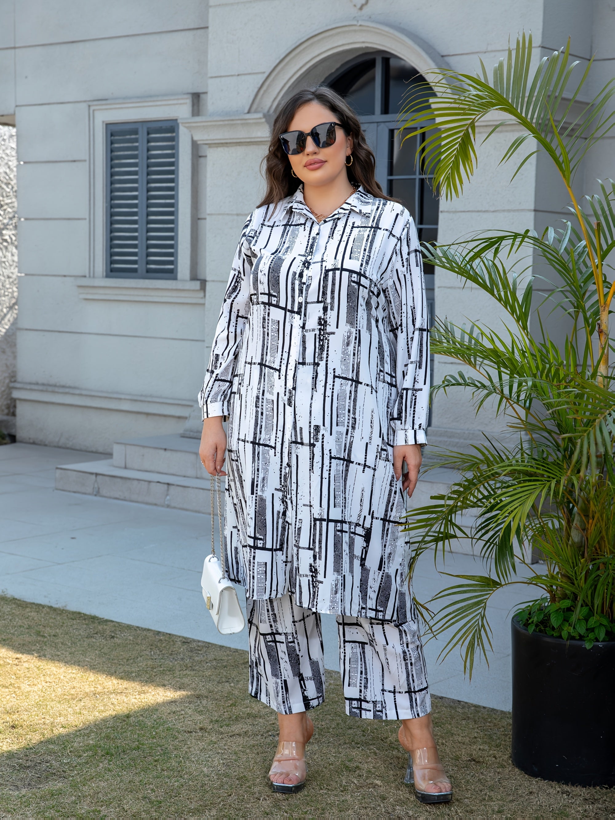 Plus Size Long Sleeve Shirt and Pants Set with Floral Print