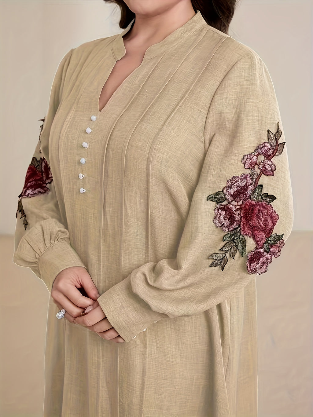 Plus Size Women's Elegant Embroidered V-Neck Long Sleeve Dress and Loose Pants Two-Piece Set