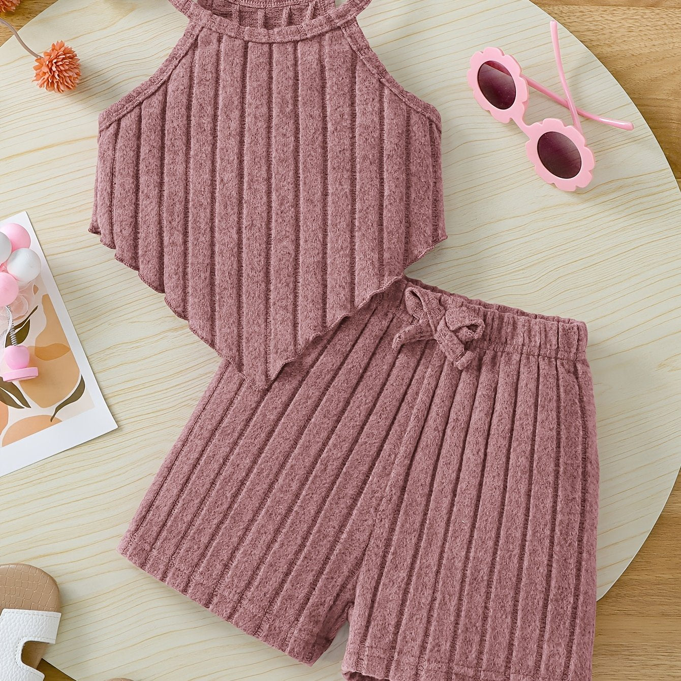 2pcs Summer Girls' Solid Color Crop Top and Bow-Decorated Striped Pants Set