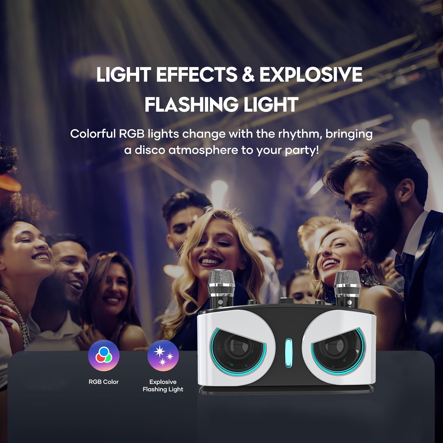 Dual-microphone portable wireless speaker with built-in RGB lights, supporting wireless AUX