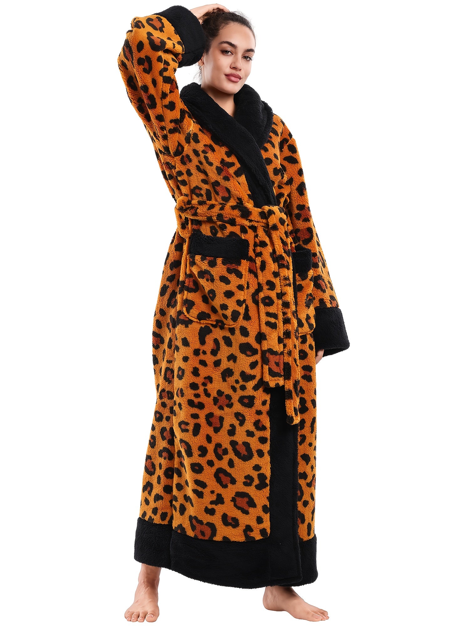 1pc Women's Elegant Leopard Print Robe & Sleepwear - Oversized Winter Cozy Plush Bathrobe