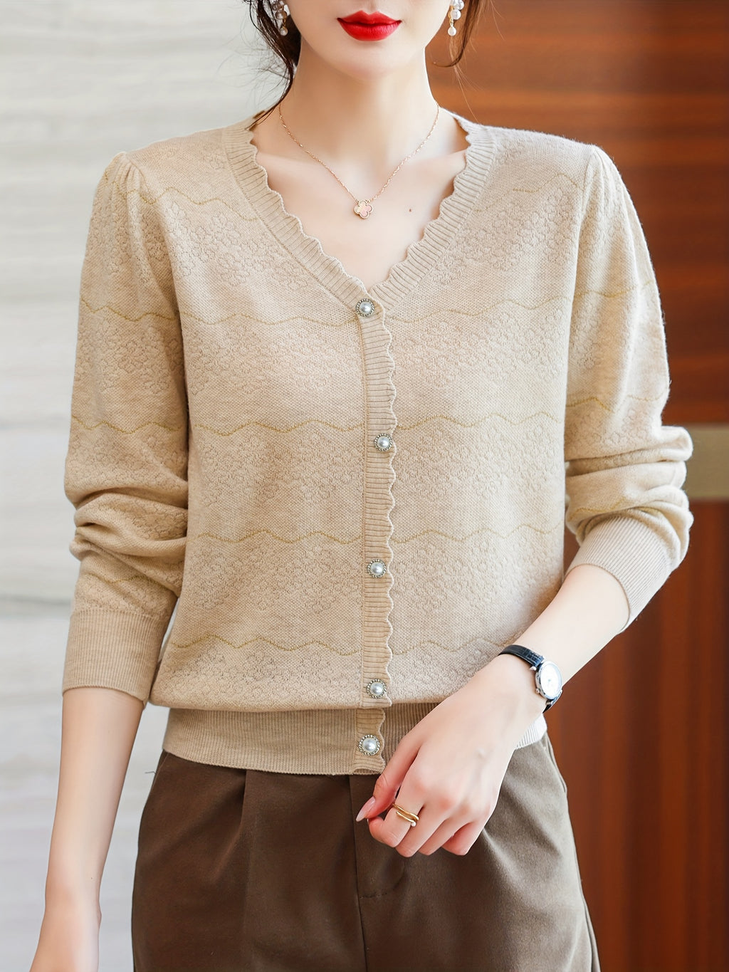 Women'S Elegant V-Neck Blouse - Lightweight Breathable Long Sleeve Shirt with Button Front