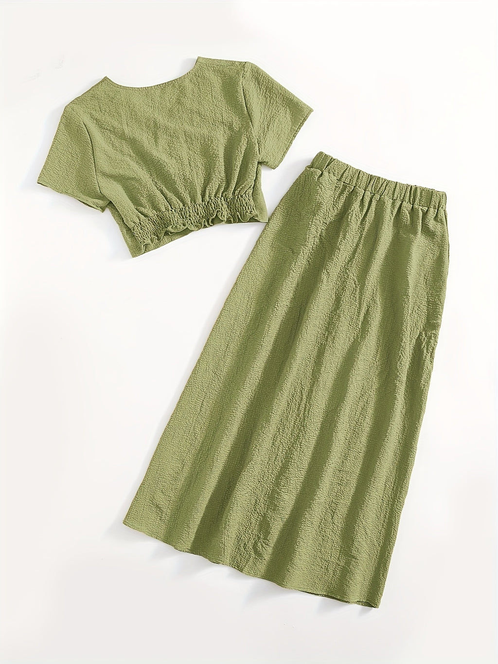 Simple Casual Two-Piece Set with Textured Short Button Front Shirt and Elastic Waist Skirt