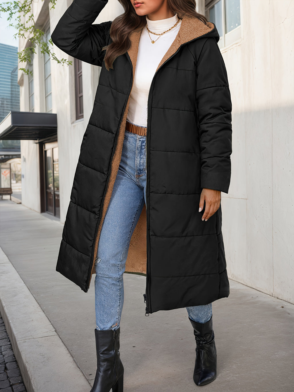 Women's Elegant Plush-Like Quilted Hooded Coat - Long Winter Jacket with Hood