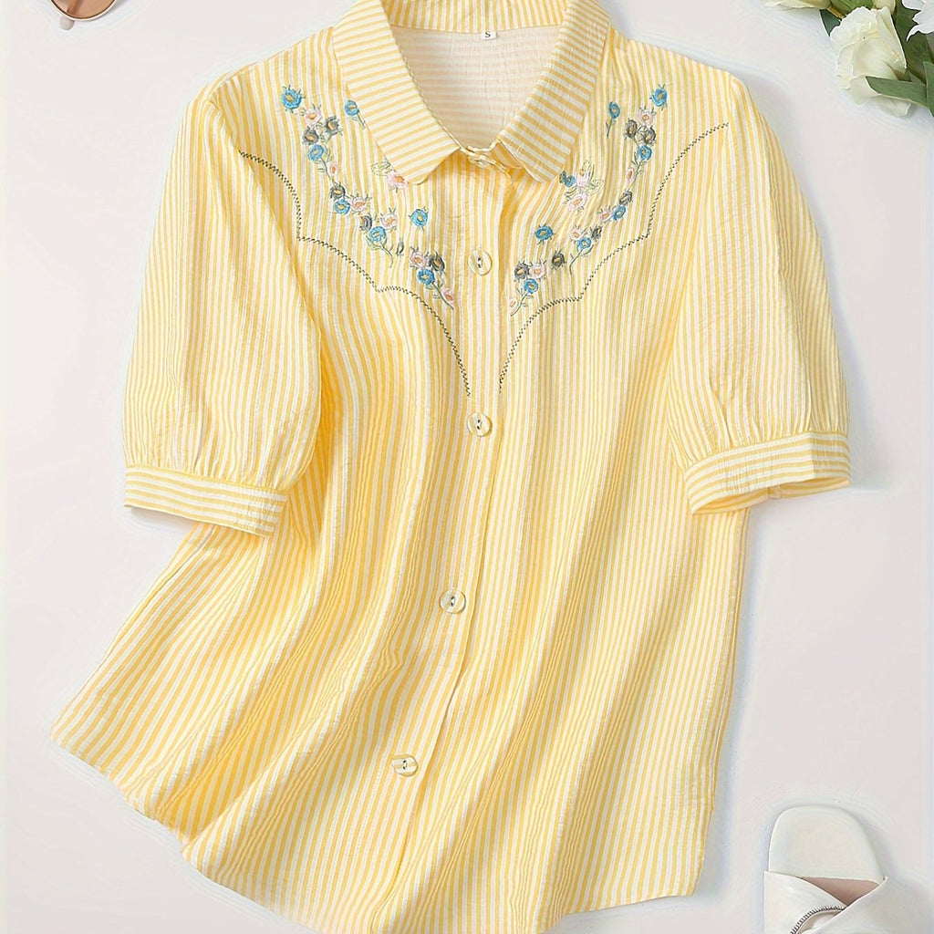 Embroidered Button Front Shirt, Casual Short Sleeve Lapel Top For Spring & Summer, Women's Clothing