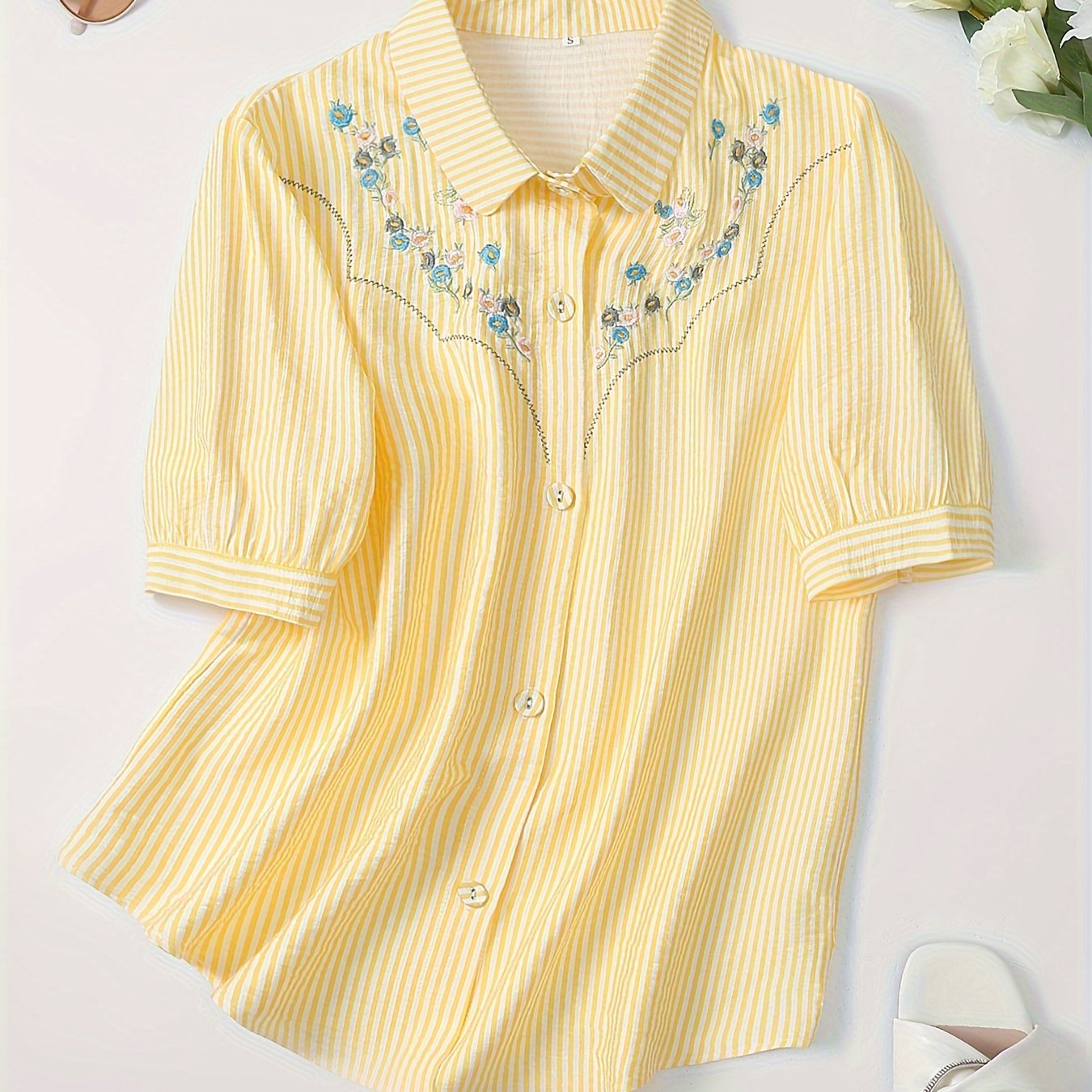 Embroidered Button Front Shirt, Casual Short Sleeve Lapel Top For Spring & Summer, Women's Clothing