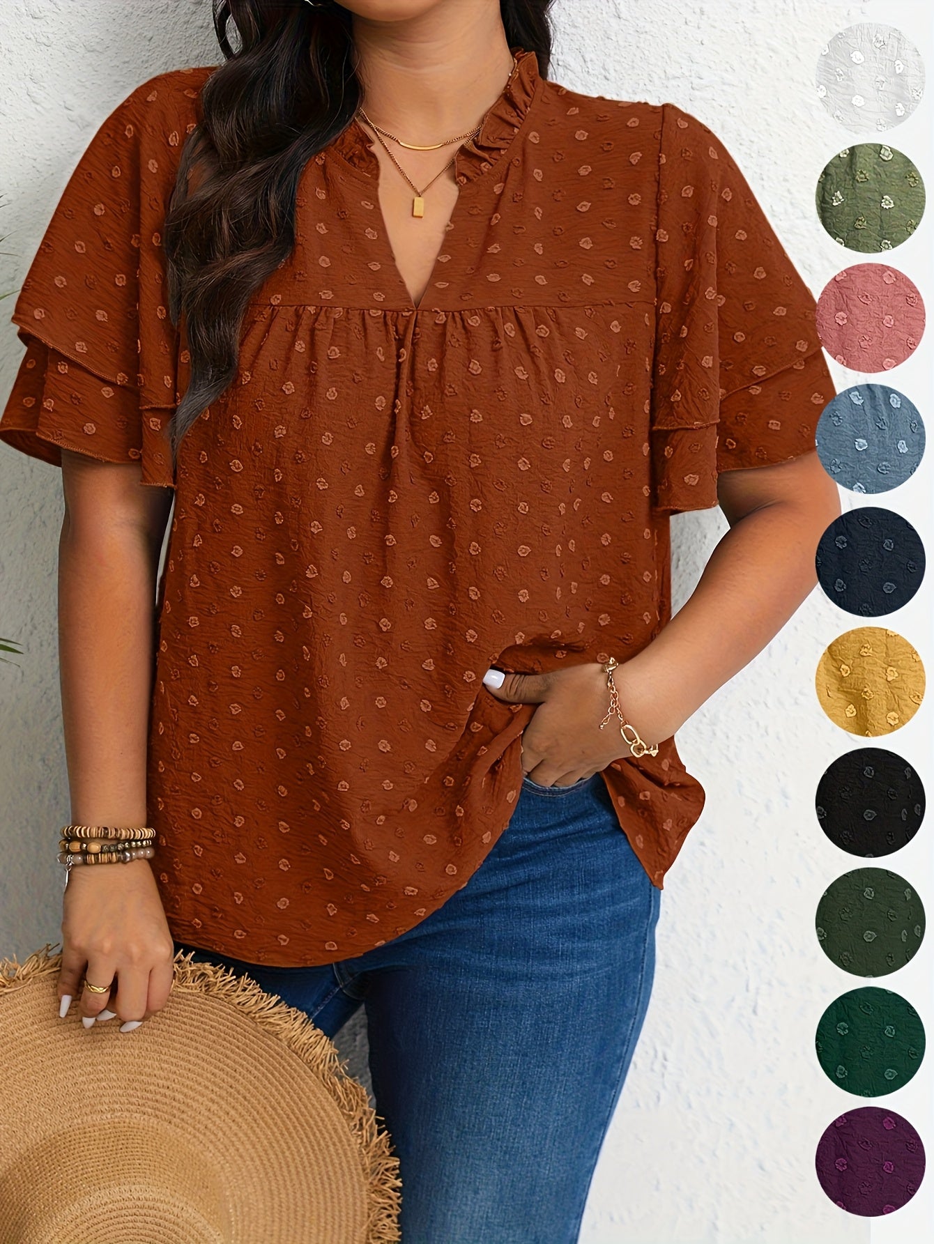 Plus Size Women's Casual V-Neck Blouse with Ruffled Short Sleeves
