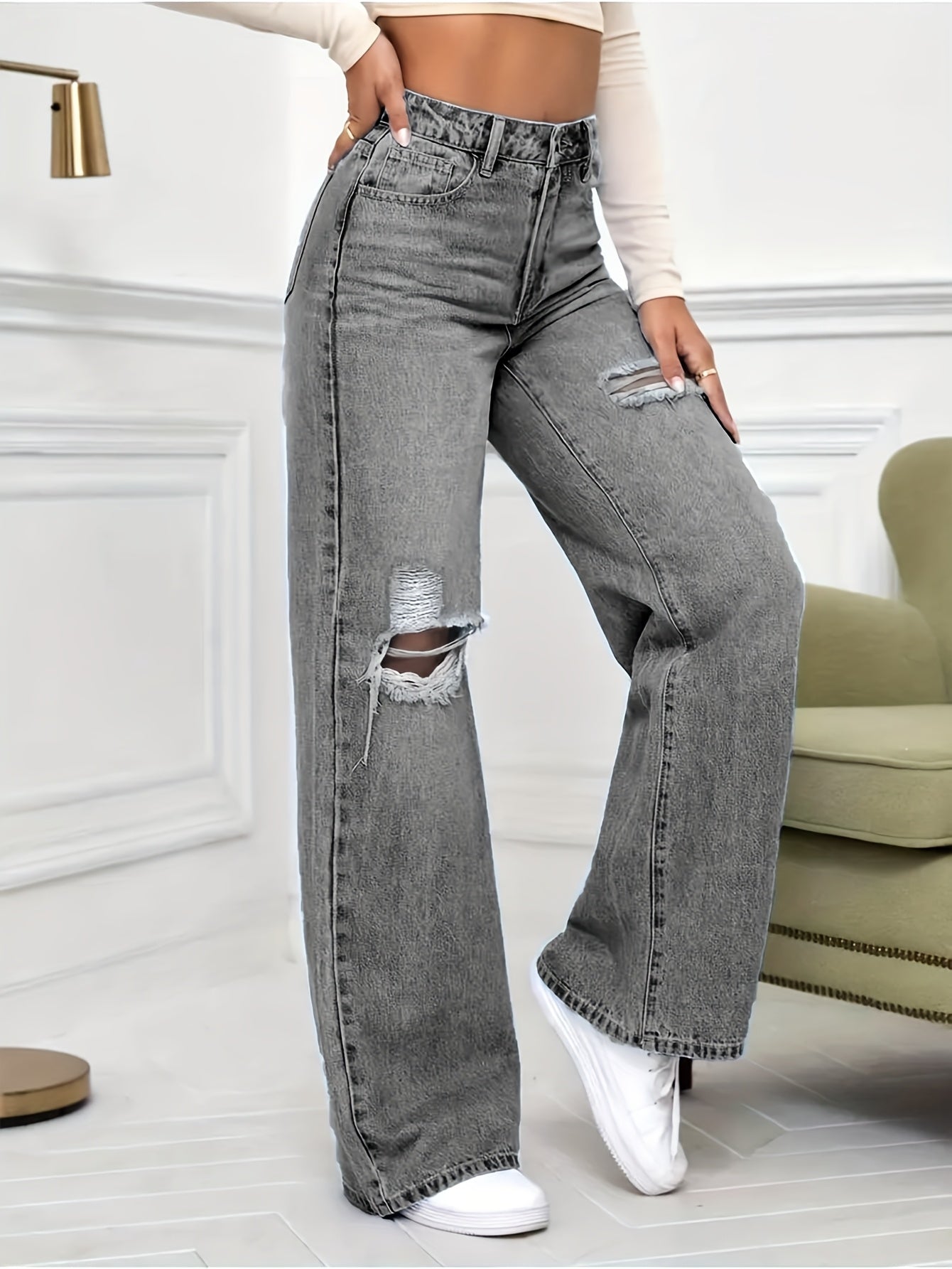 Women's Plus Size High-Waisted Stretch Pants with Distressed Knee Rips