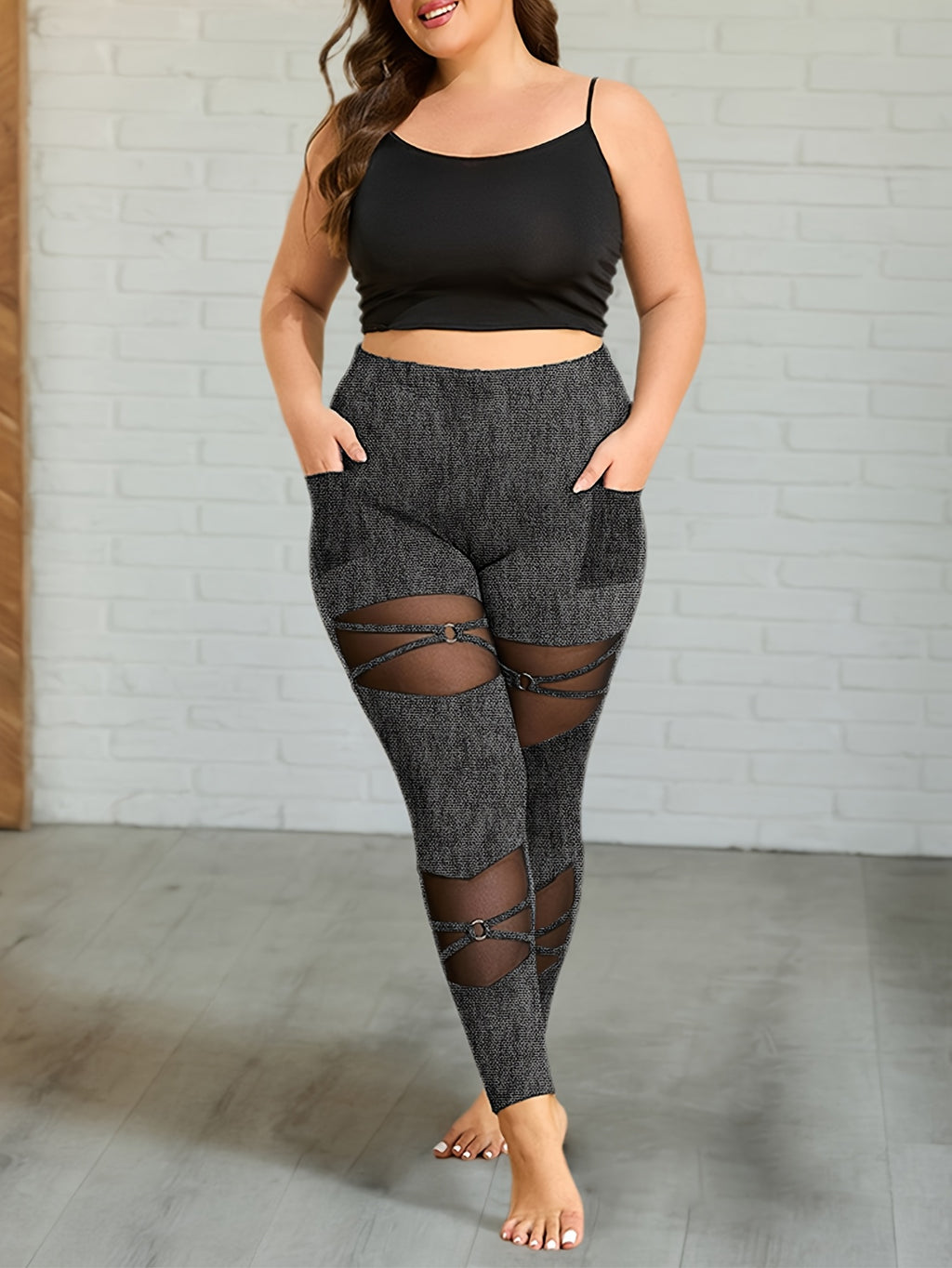 Elegant Plus-Size Knitted Leggings with a Mesh Pocket And Ring Buckle Design.
