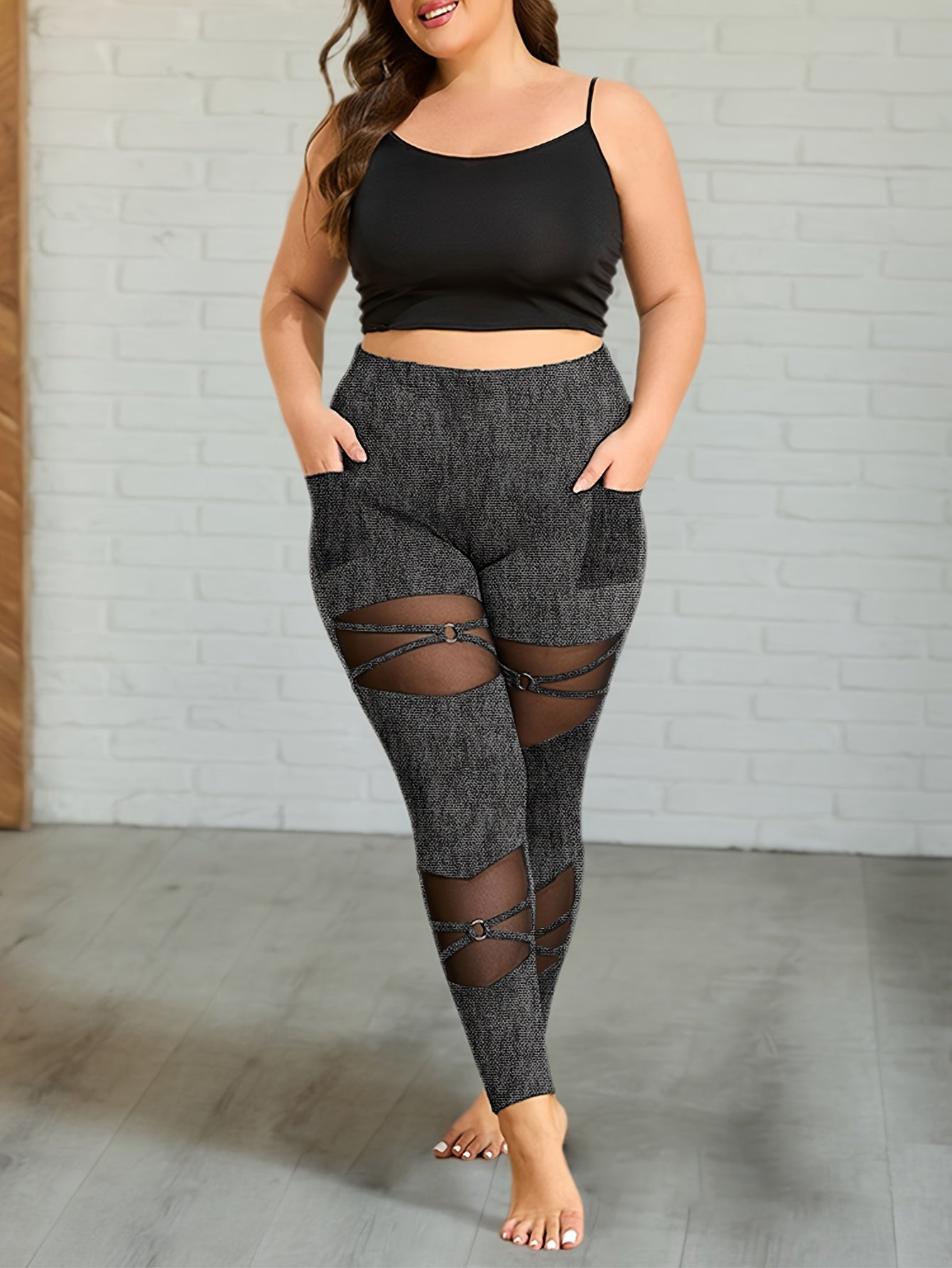Elegant Plus-Size Knitted Leggings with a Mesh Pocket And Ring Buckle Design.