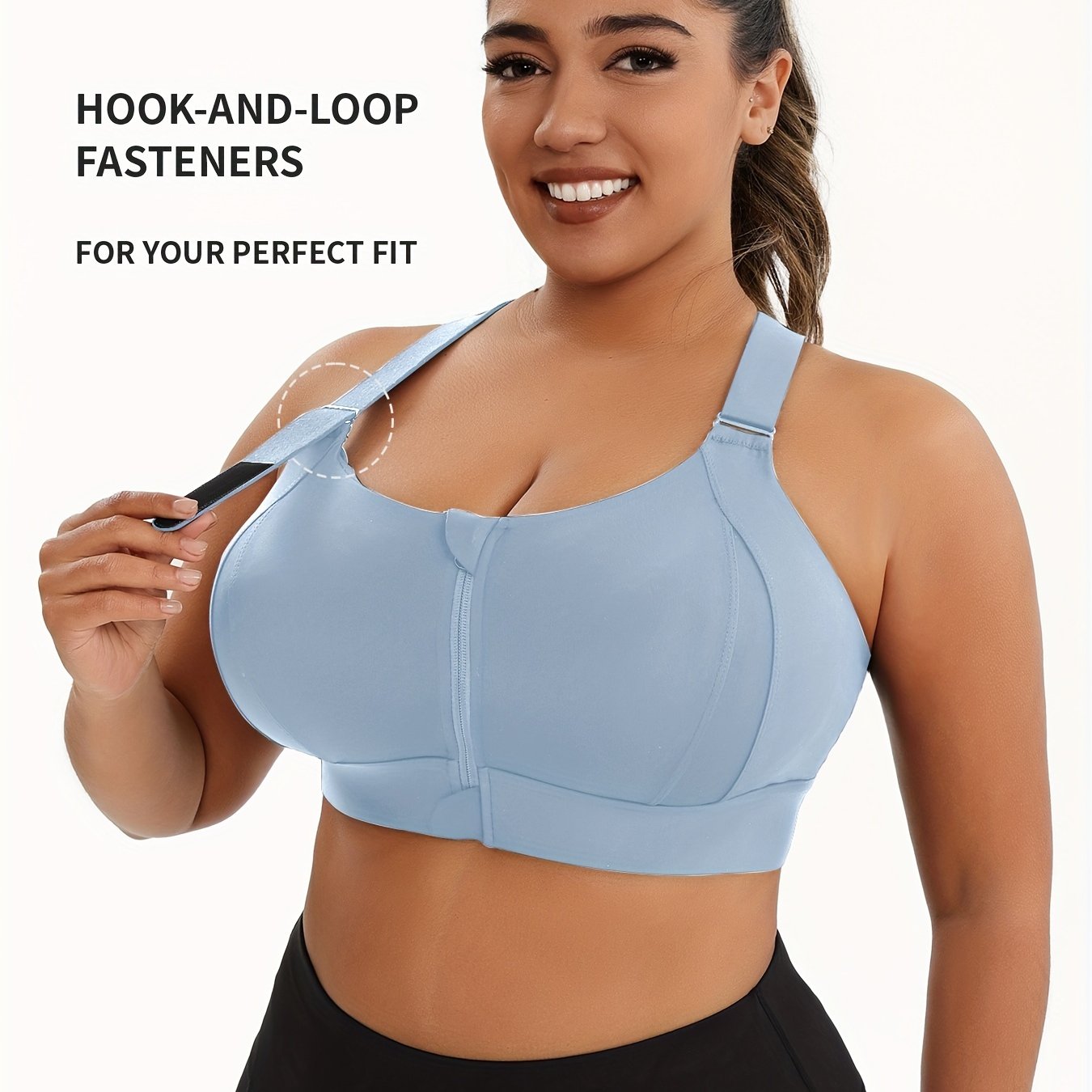 [Plus Size Sports Bra] High-Elasticity Plus Size Sports Bra | Women's Blue Bra with Zipper, Non-Removable Padding, Adjustable Shoulder Straps