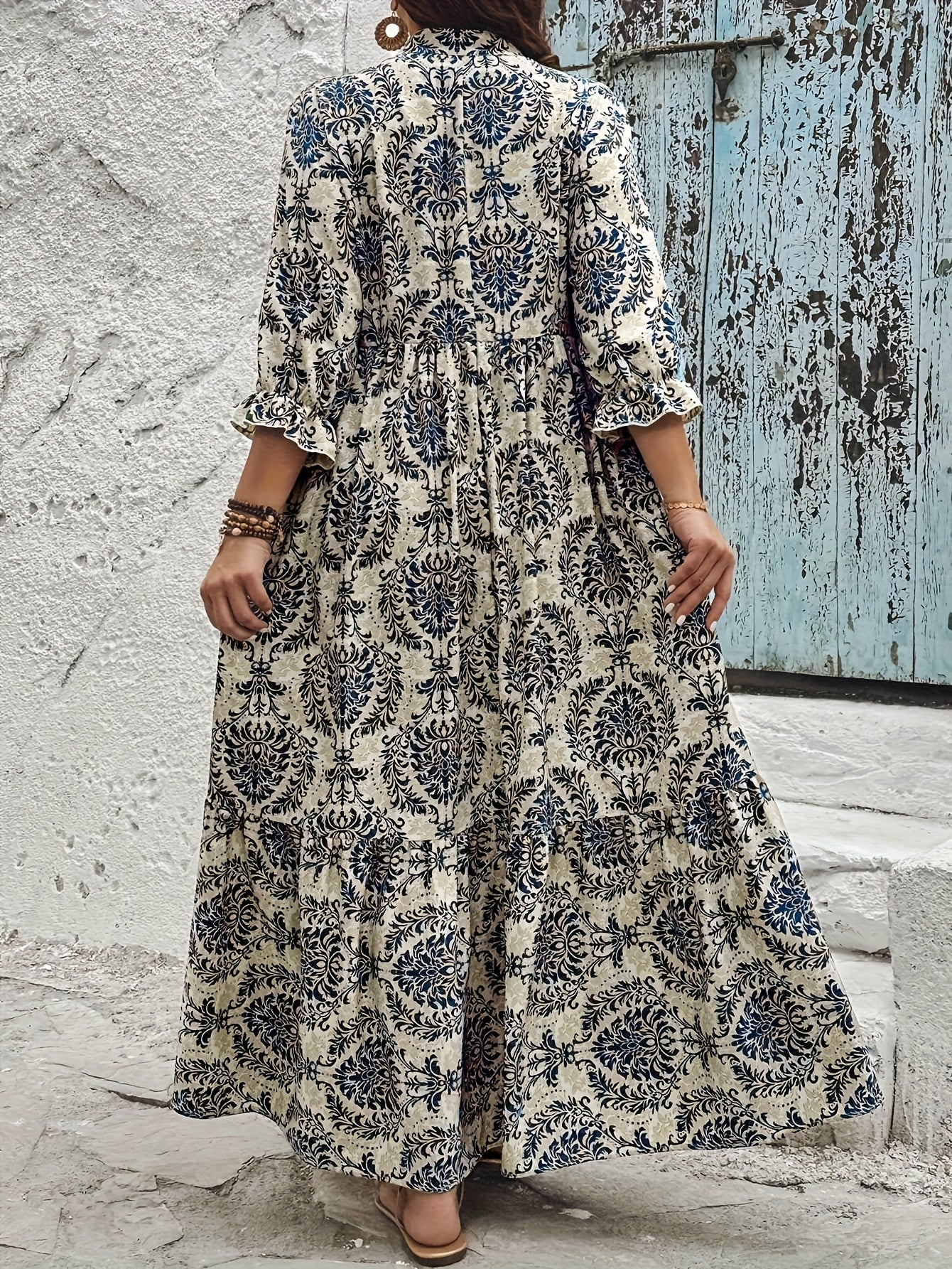 Floral Print, 3/4 Sleeve, Ruffle Hem, Polyester