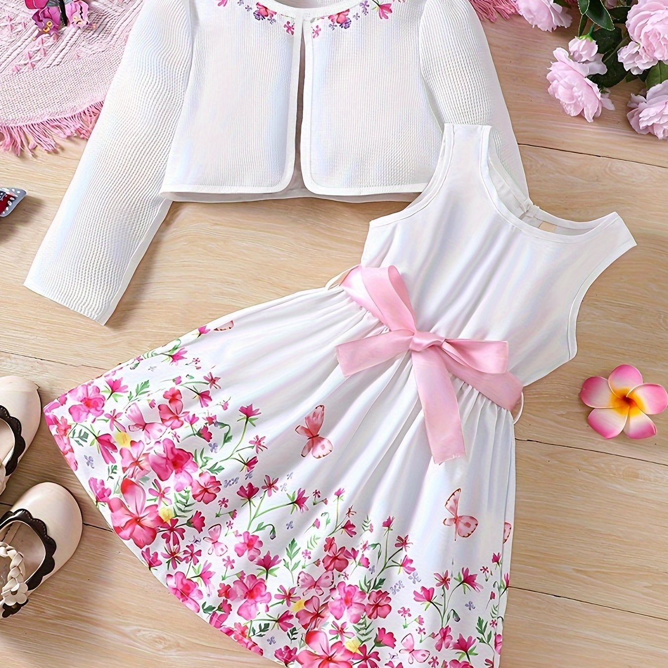 Girls' Autumn and Winter Cardigan Jacket with Vest Print Dress Set, Back-to-School Campus Fashion Outfit