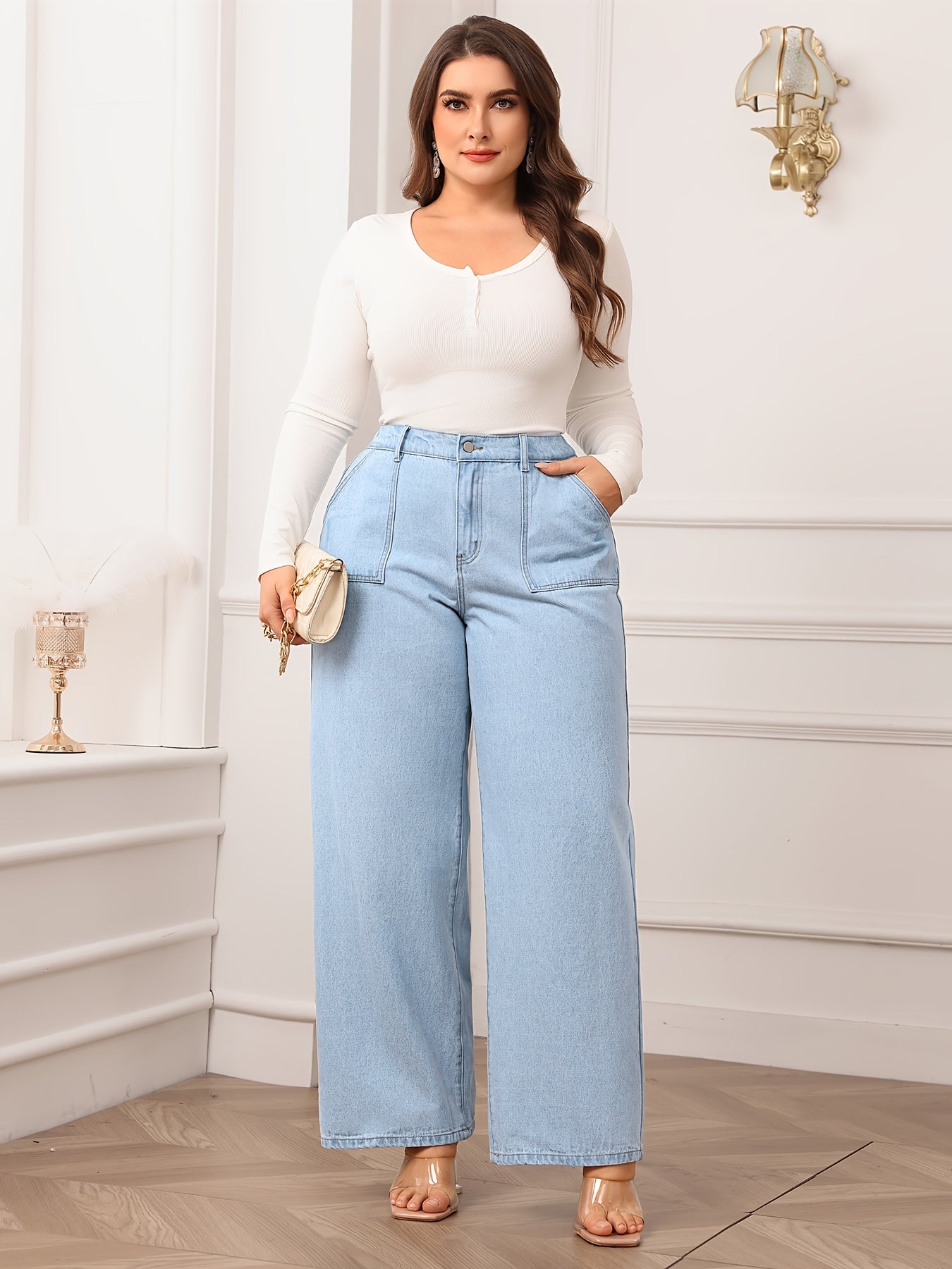 Women's High-Waisted Wide Leg Jeans - Light Blue, Non-Stretch Denim with Pockets, Casual Style