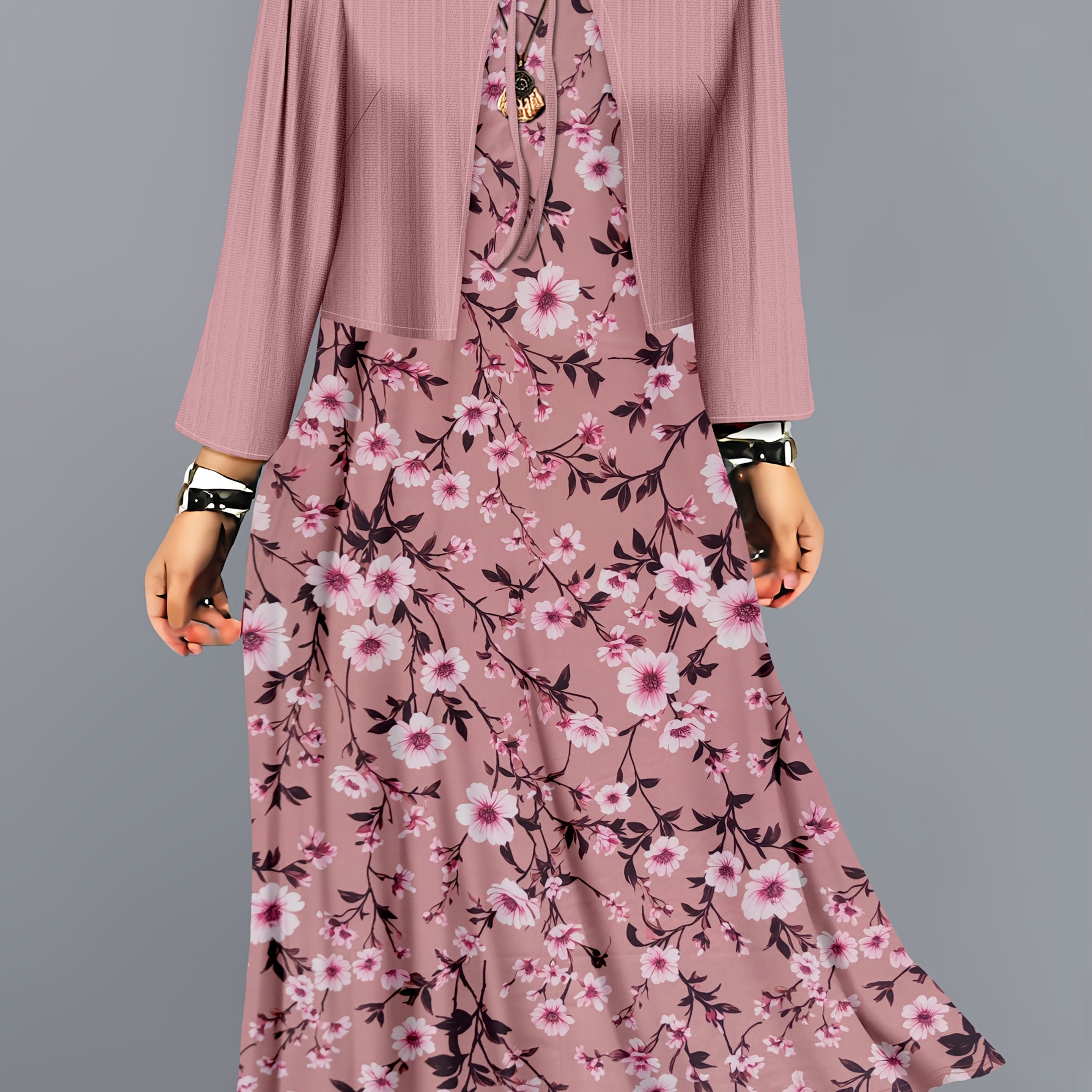 A two-piece set of solid-color striped small cardigan and floral printed dress for fashionable women
