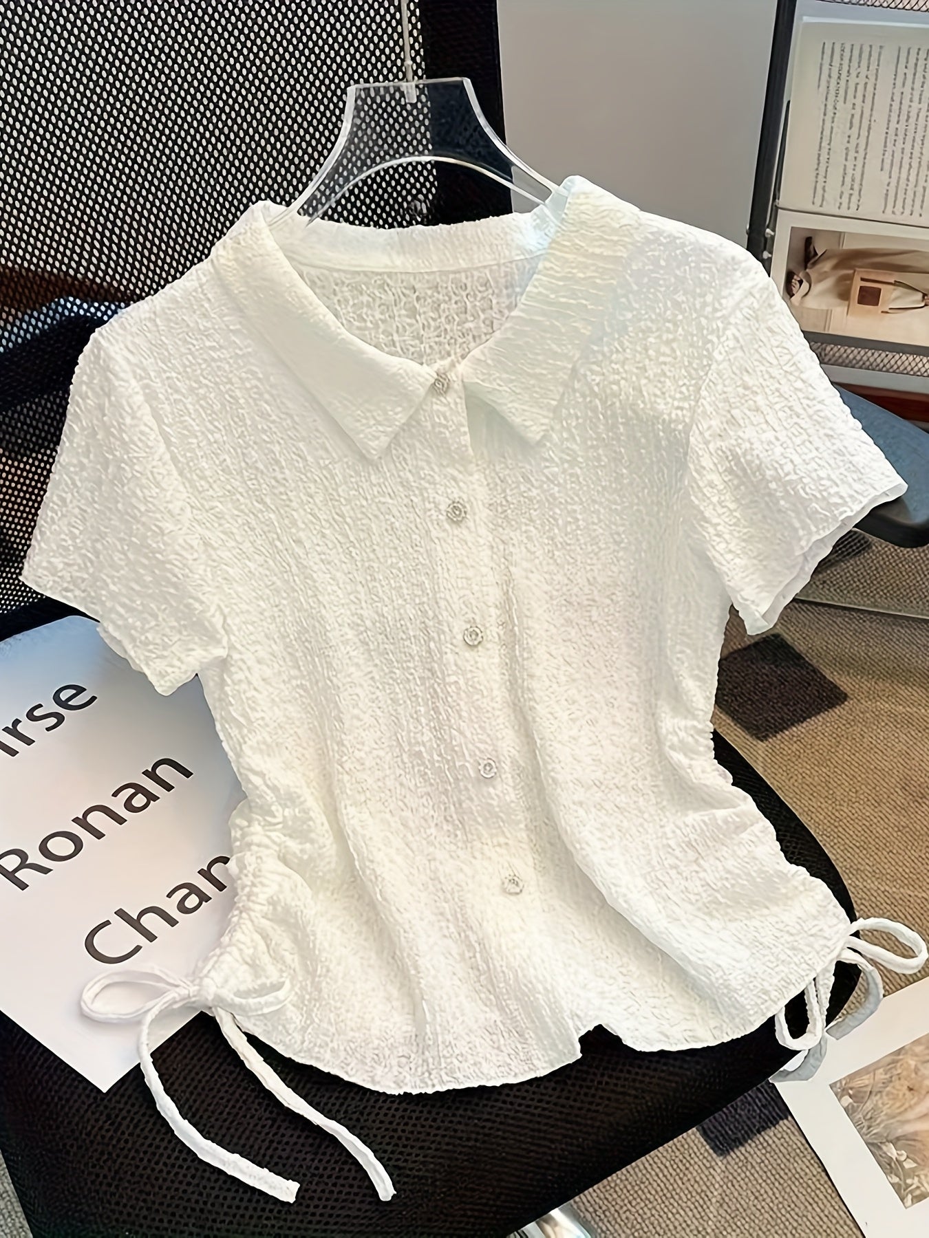Women's Stylish White Short Sleeve Blouse with Drawstring Detail - Polyester, All-Season, Regular Fit