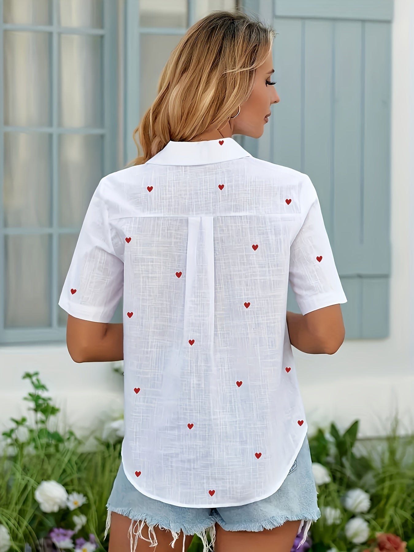 Women's Casual Short Sleeve Blouse with Heart Print & Button Collar