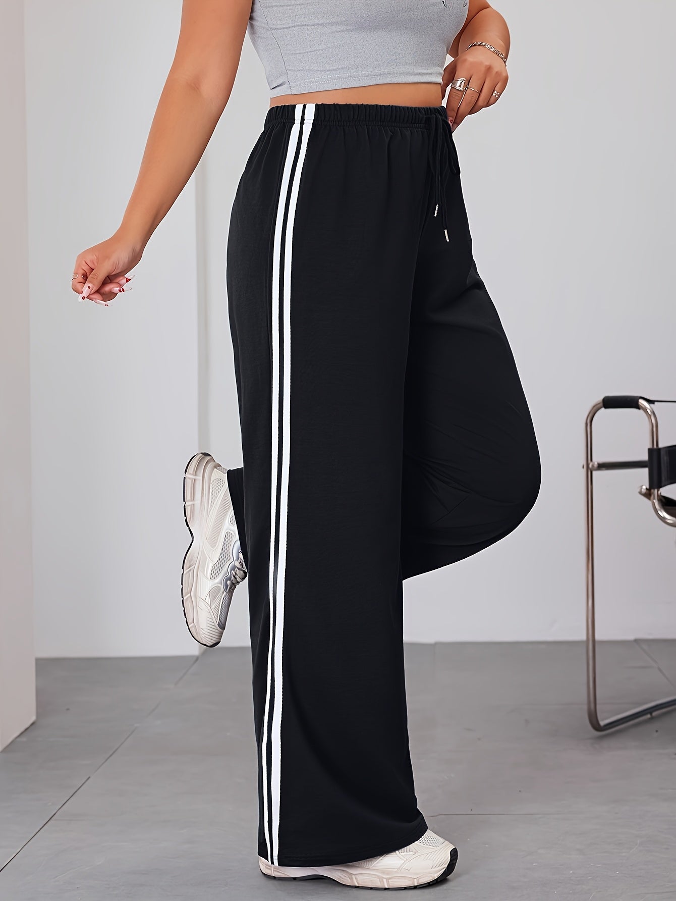Plus Size Wide Leg Pants with Side Stripes