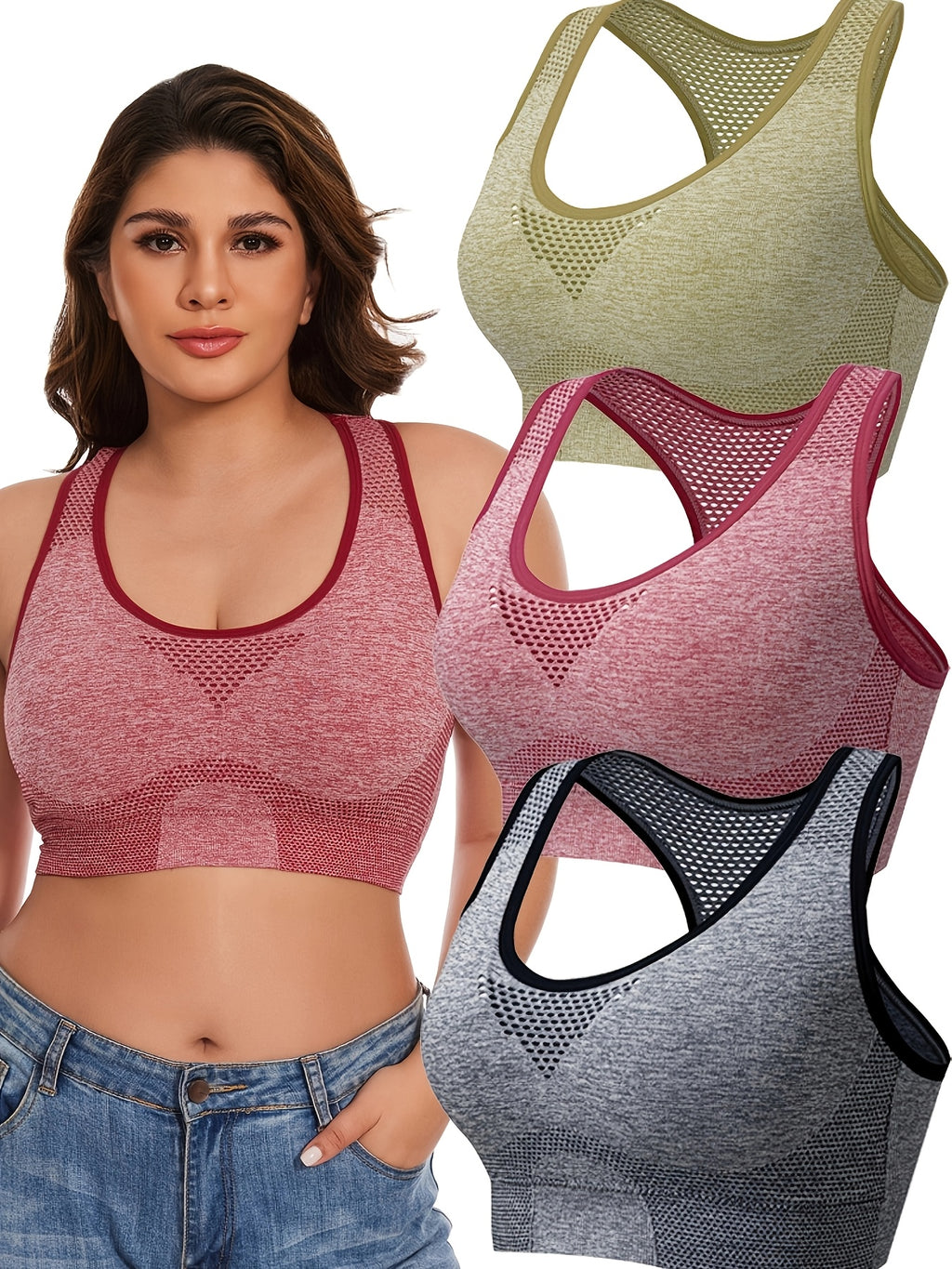 3pcs Plus Size Sports Bras, Polyamide Blend, Hollow Mesh Design, Low Support, Removable Padding, Crew Neck, Medium Stretch, Knit Fabric,