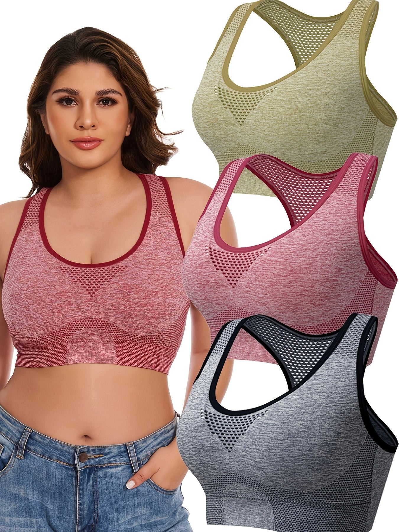 3pcs Plus Size Sports Bras, Polyamide Blend, Hollow Mesh Design, Low Support, Removable Padding, Crew Neck, Medium Stretch, Knit Fabric,