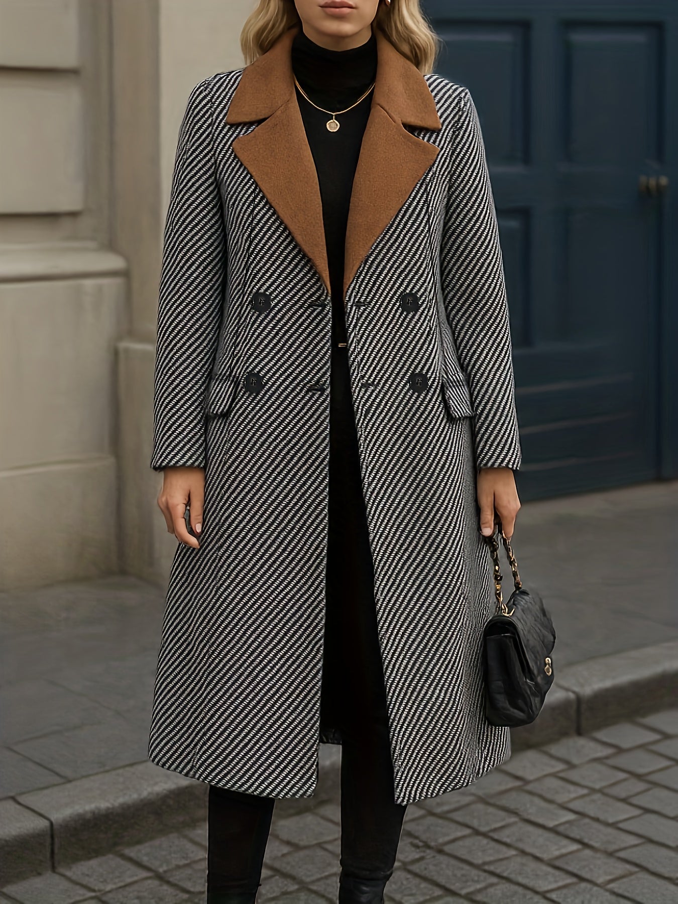 Women's Elegant Houndstooth Check Coat - Long Formal & Everyday Outerwear, Structured H-Silhouette