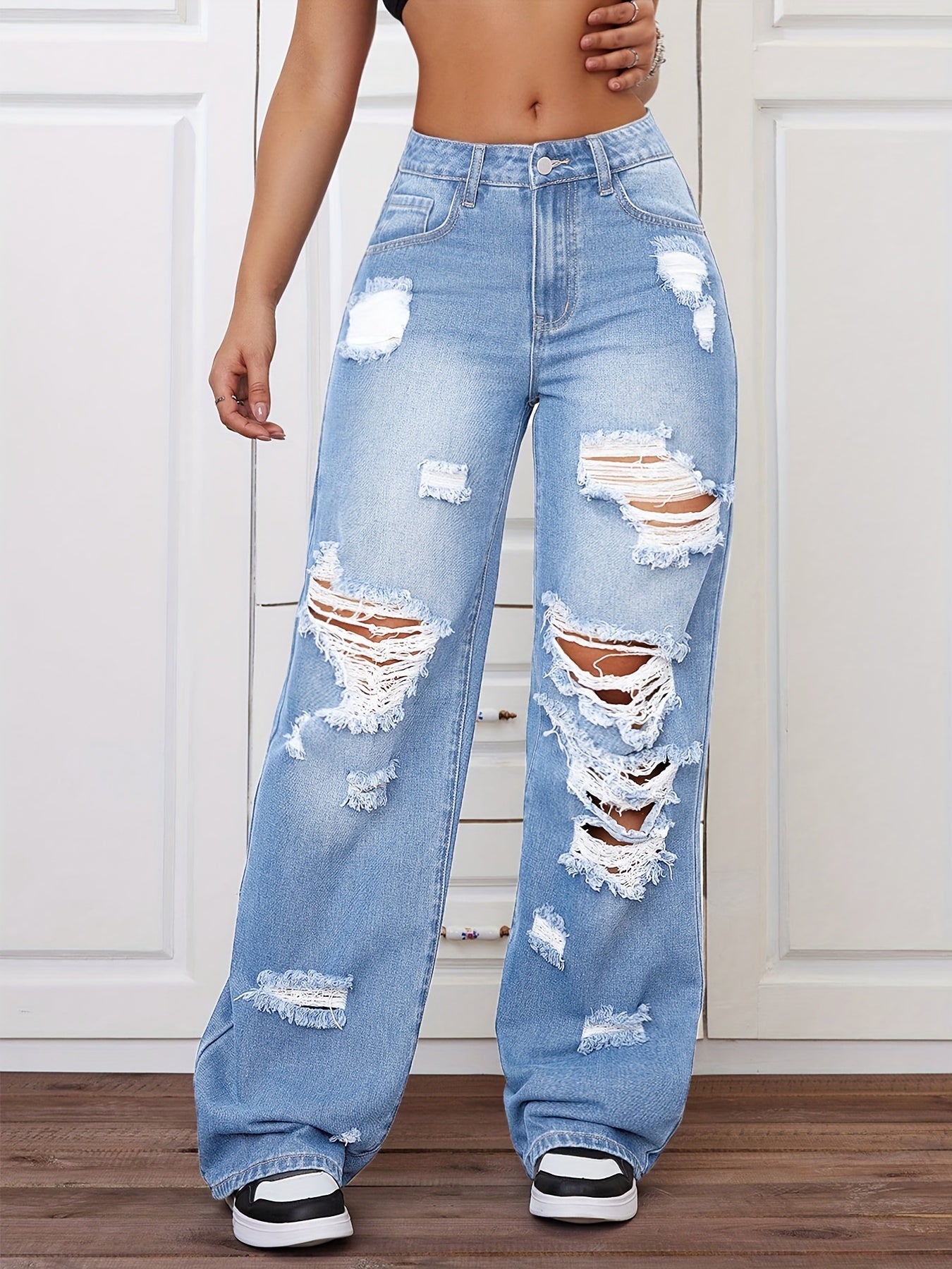 Light Blue Ripped Straight-Leg Long Pants