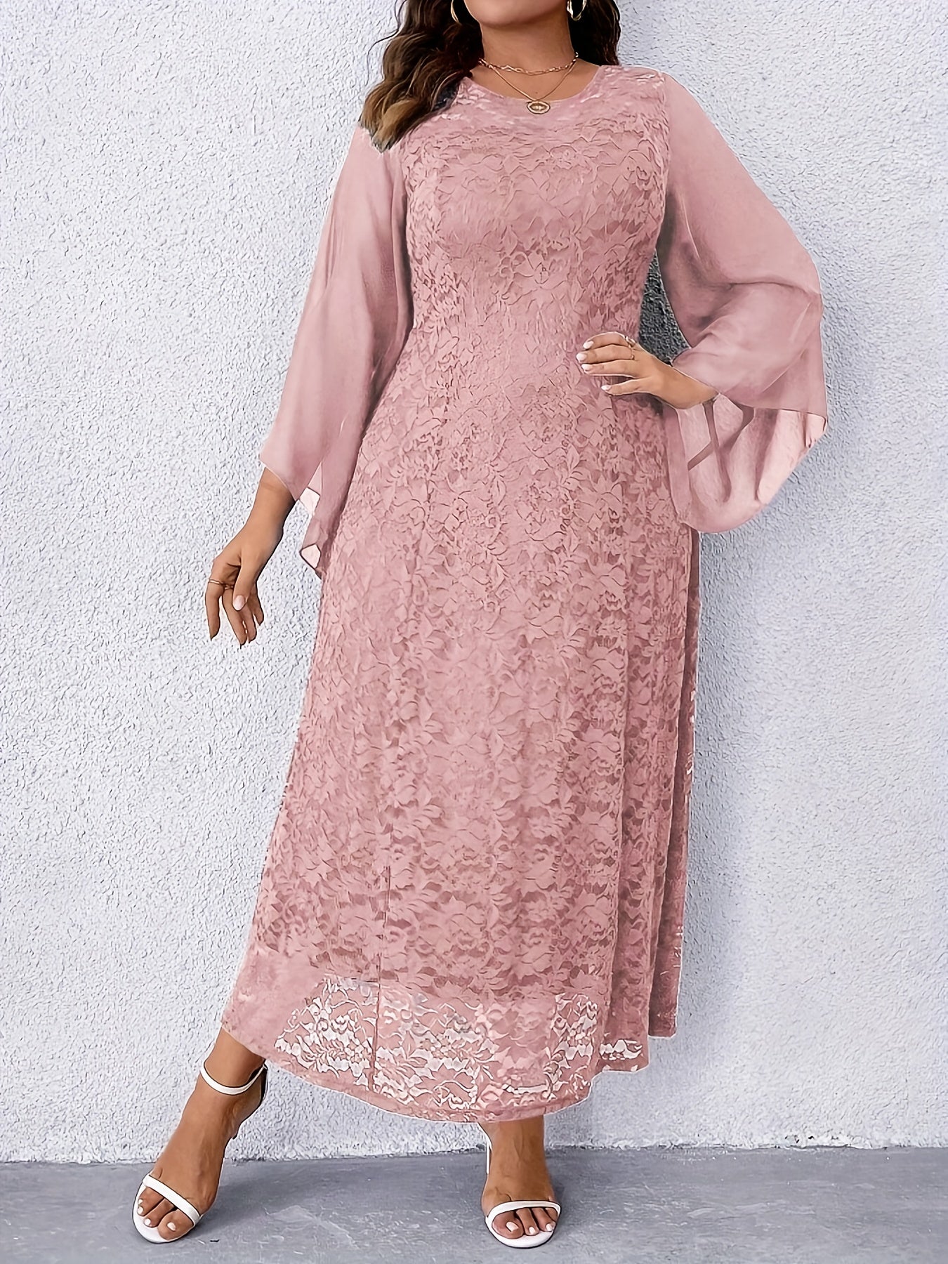 Women's Elegant Navy Blue Lace Dress - Formal to Casual Wedding Party Outfit with Long Flowing sleeves