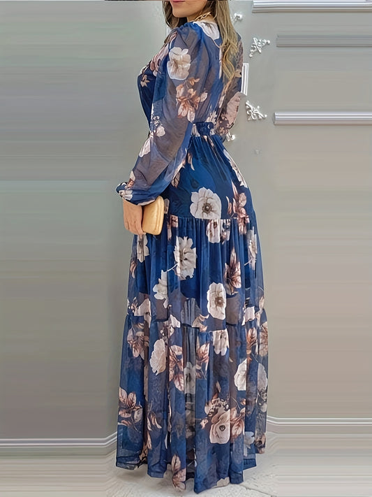 Elegant Floral Print 1pc V-Neck Maxi Dress