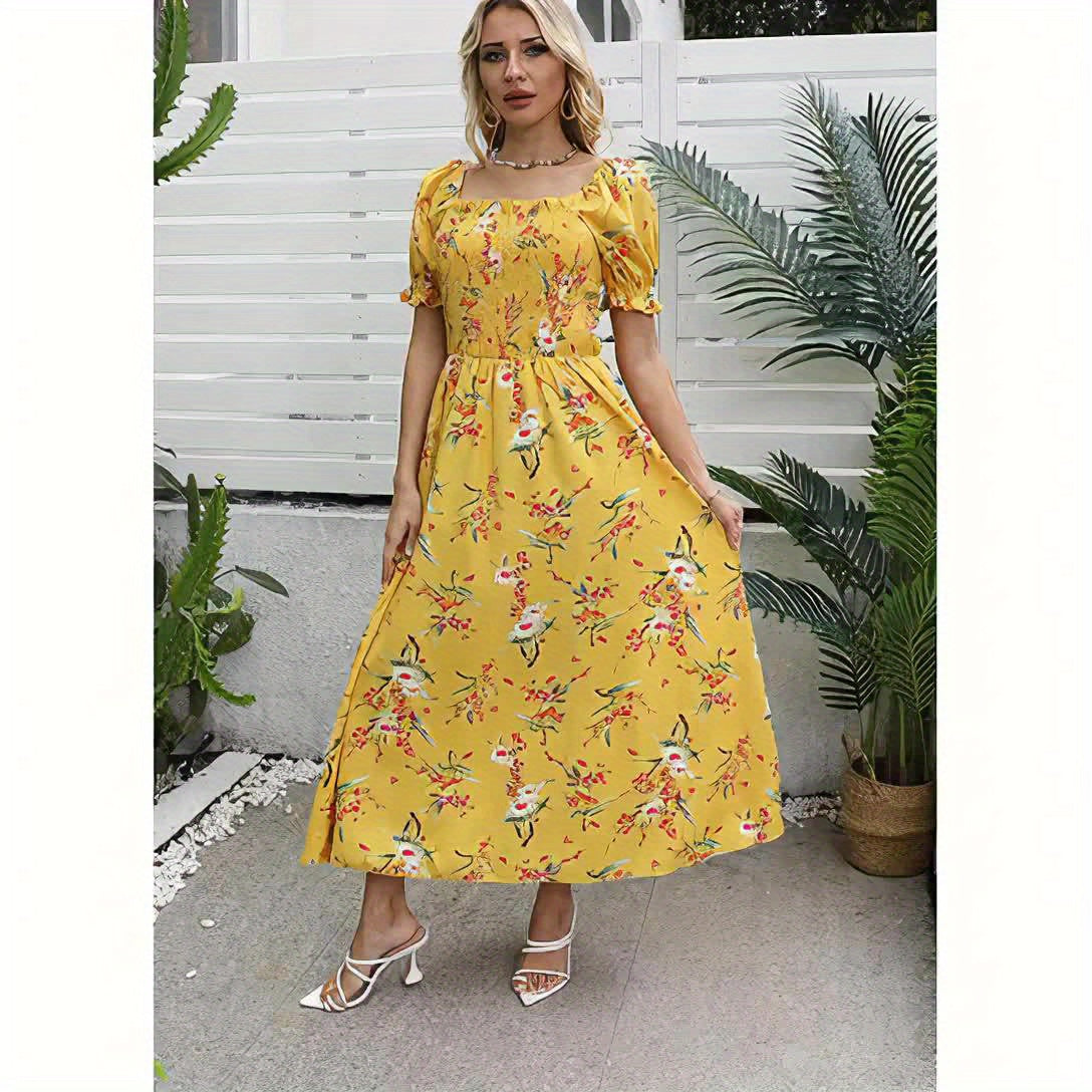 Women's Floral Print Square Neck Puff Sleeve Dress