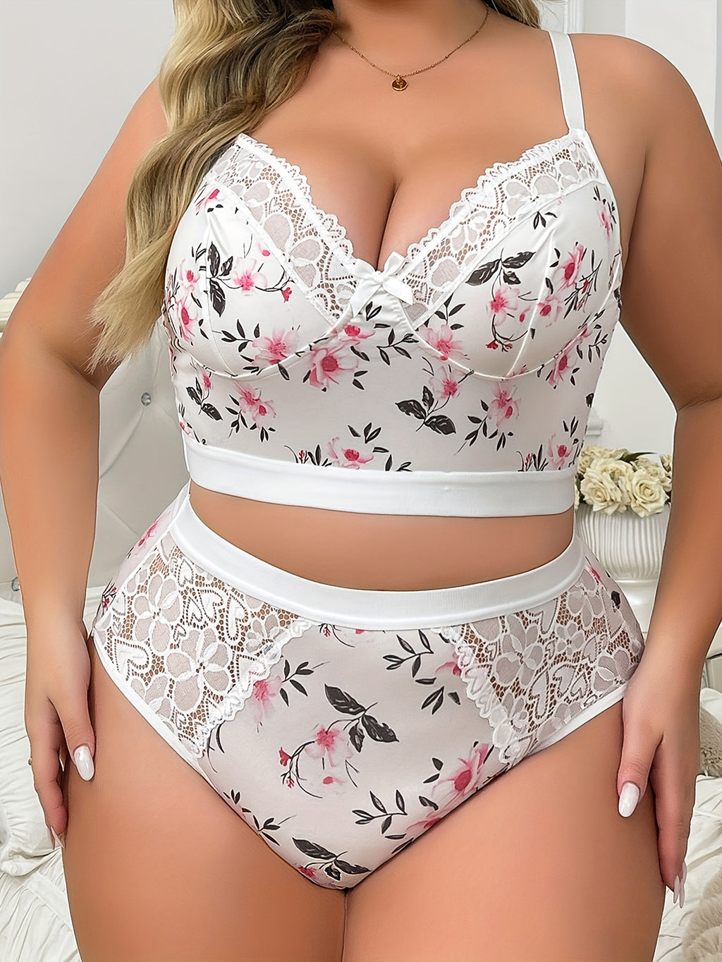 Elegant Floral Pattern Plus Size Lingerie Set - Medium Stretch Knit 95% Polyester 5% Elastane - Mid-Rise Briefs, Medium Support, Contrast Sequin Detail, No Padding, Adult Lingerie Collection