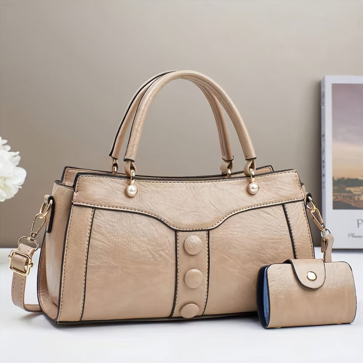 Women's Elegant Beige Synthetic Crossbody Bag with Golden-Tone