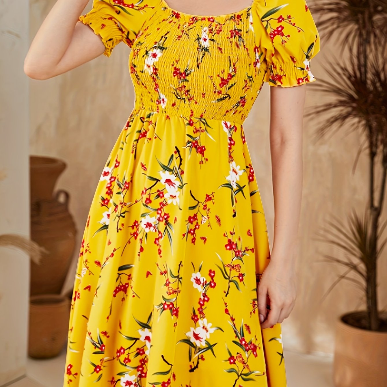 Women's Floral Print Square Neck Puff Sleeve Dress